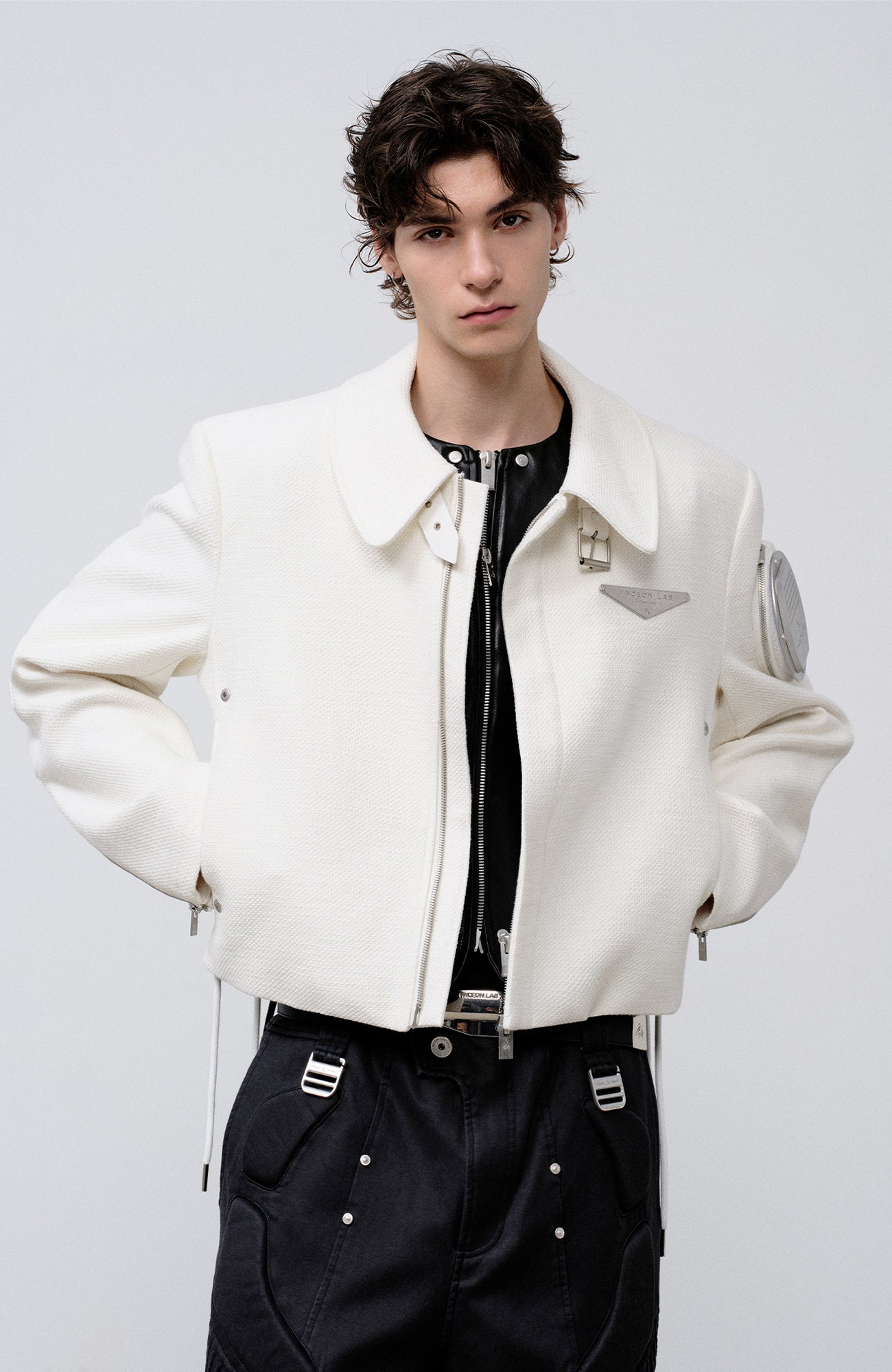 FACEONLAB Arm-Patched Cropped Naval Jacket White, premium urban and streetwear designers apparel on PROJECTISR.com, FACEONLAB
