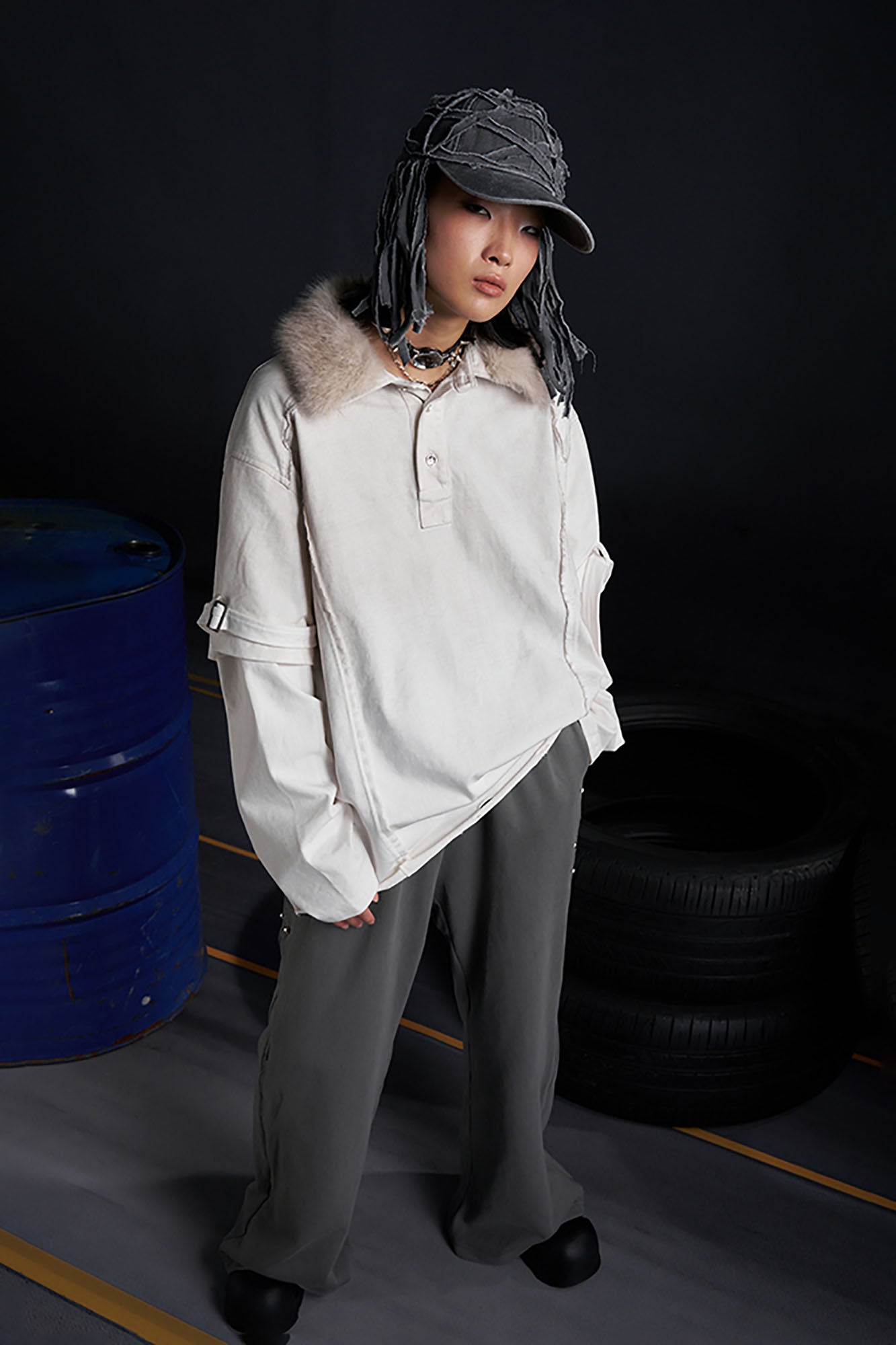 RECOVER ZONE Detachable Faux Fur Collar Long Sleeve Shirt