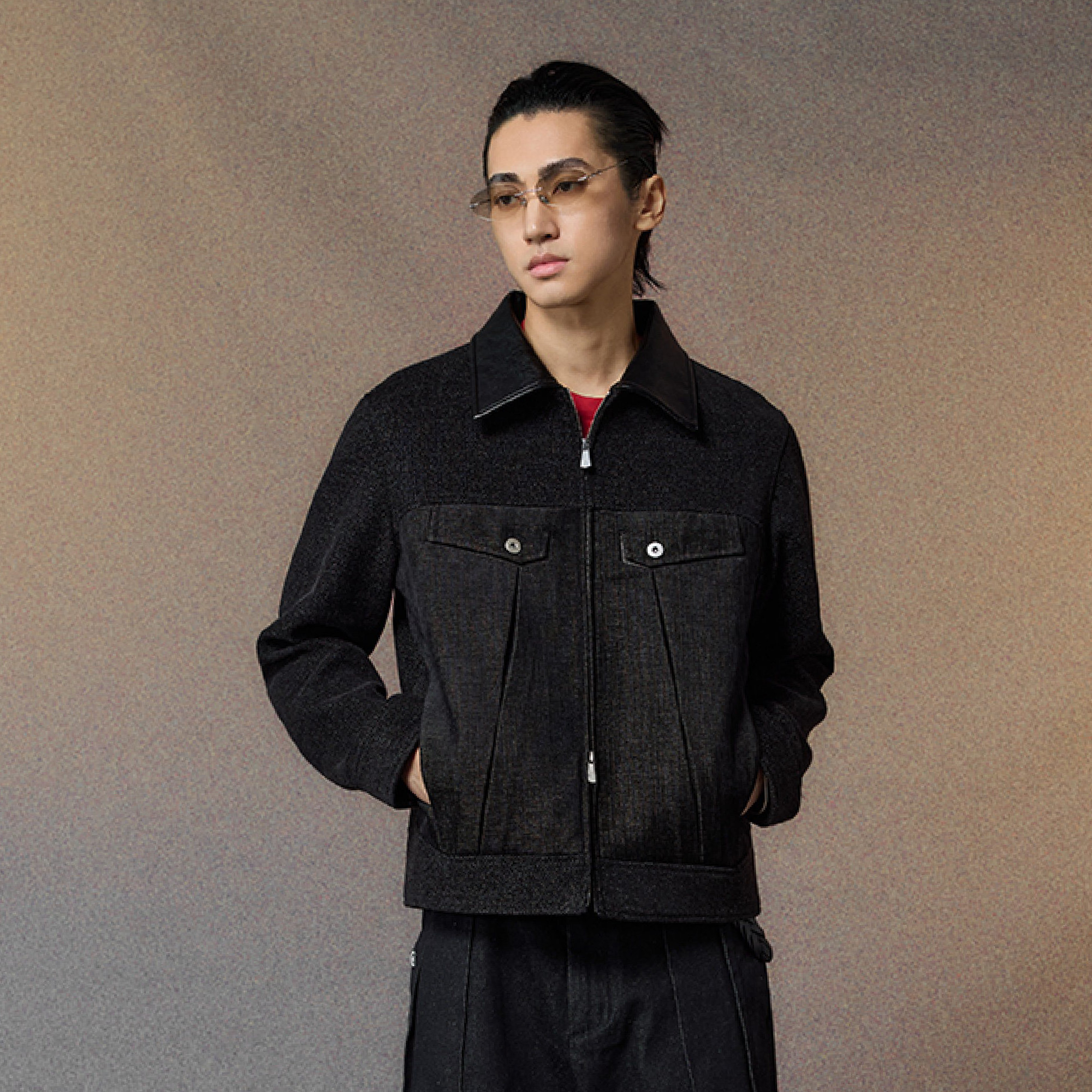 ALVNG AR ANTS Tweed Panelled PU-Collar Jacket, premium urban and streetwear designers apparel on PROJECTISR.com, ALVNG AR ANTS