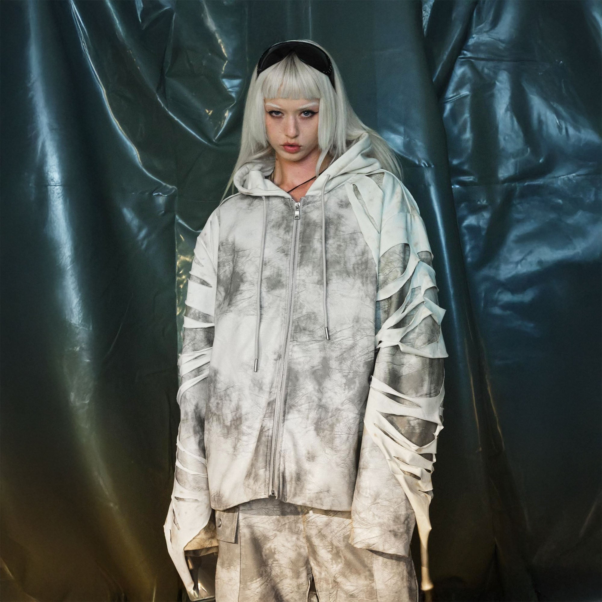 RECOVER ZONE Distressed Slashed PU Layered Hooded Jacket