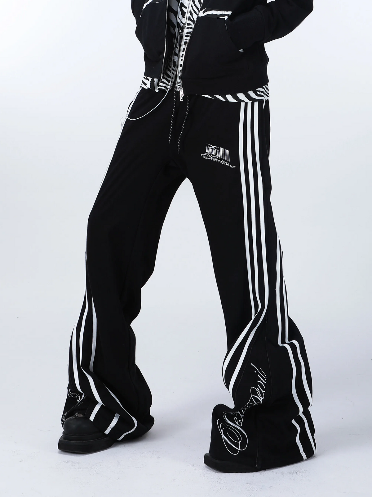 SEXXDEVIL Striped Deconstructed Zippered Embroidered Sweatpants