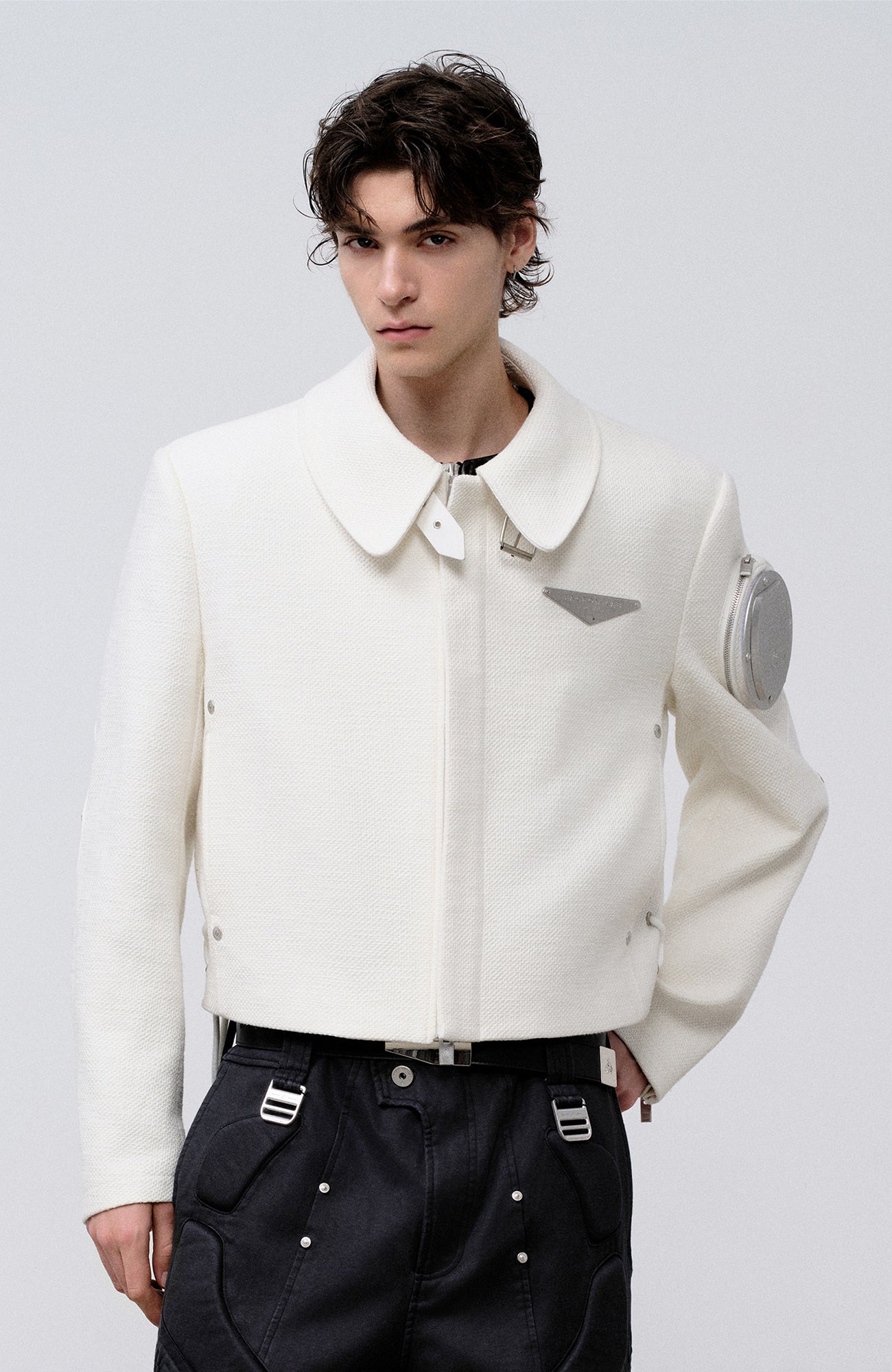 FACEONLAB Arm-Patched Cropped Naval Jacket White, premium urban and streetwear designers apparel on PROJECTISR.com, FACEONLAB