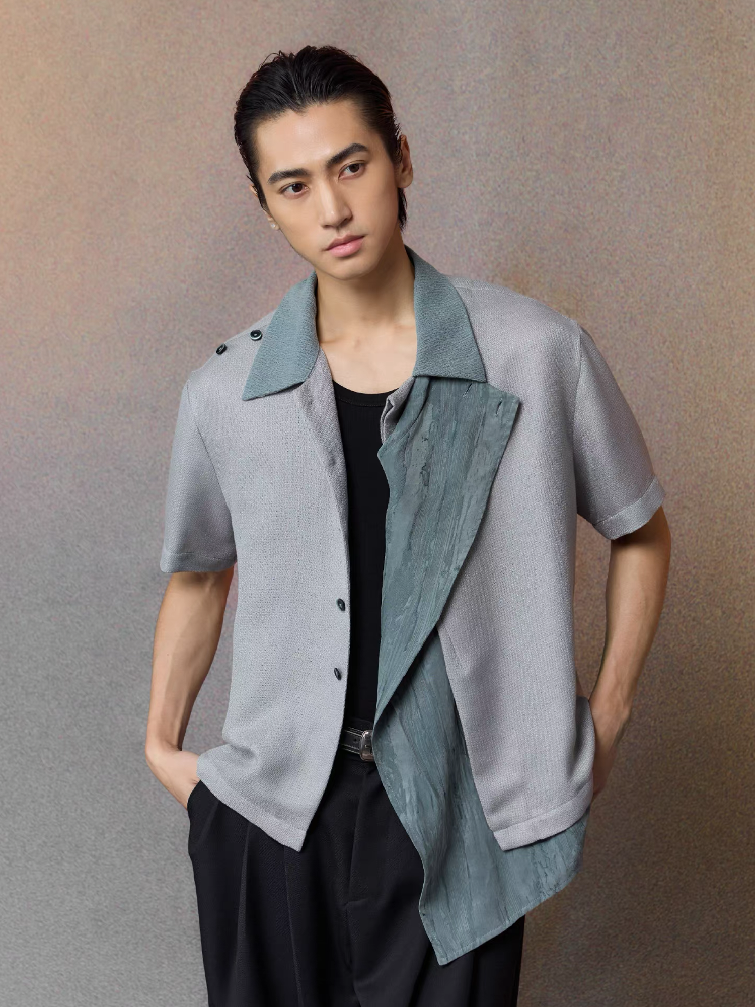 ALVNG AR ANTS Asymmetrical Contrast Spliced Linen Half Shirt, premium urban and streetwear designers apparel on PROJECTISR.com, ALVNG AR ANTS