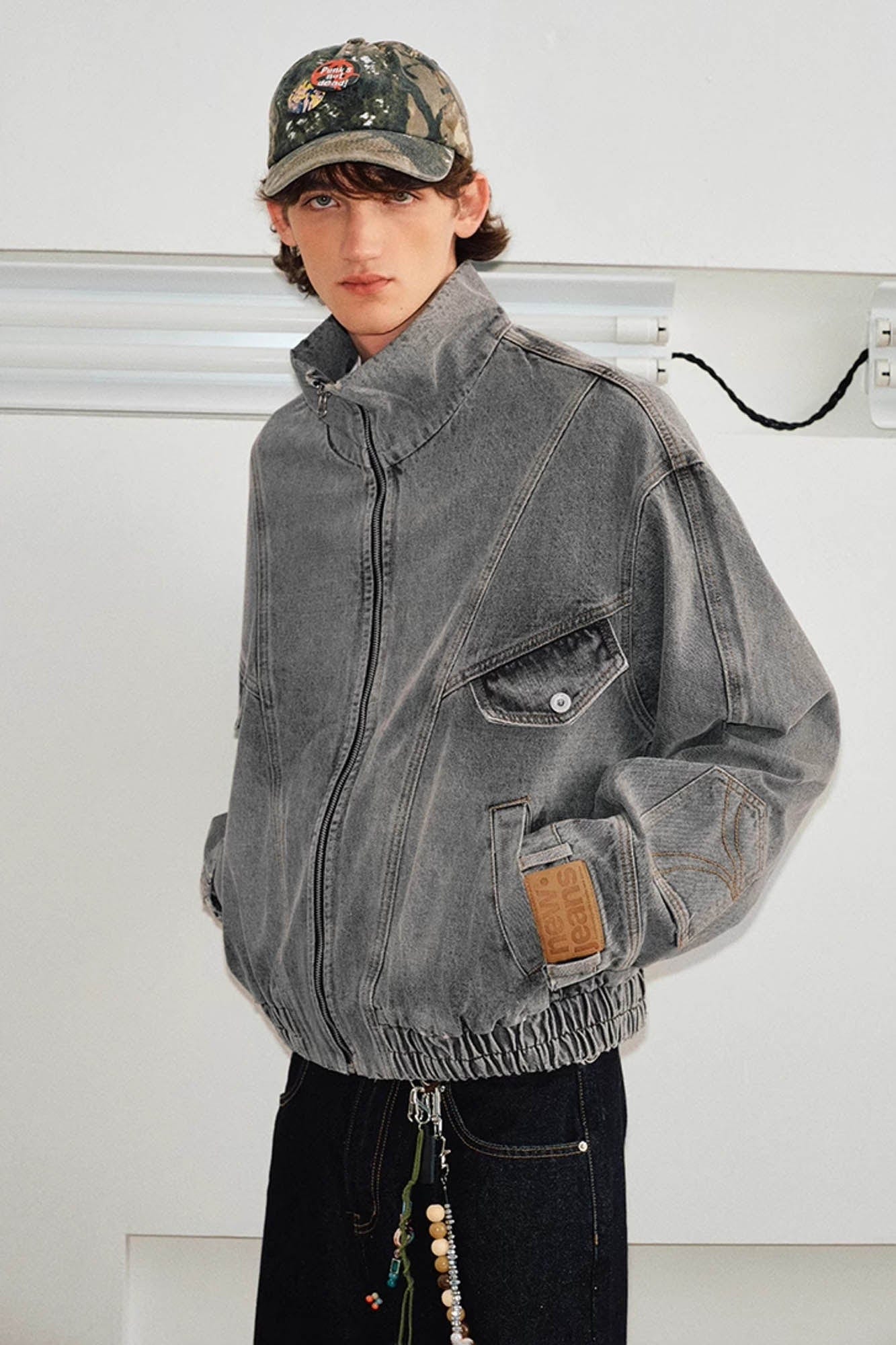 KREATE Jeans Cuff Spliced Stand Collar Jacket