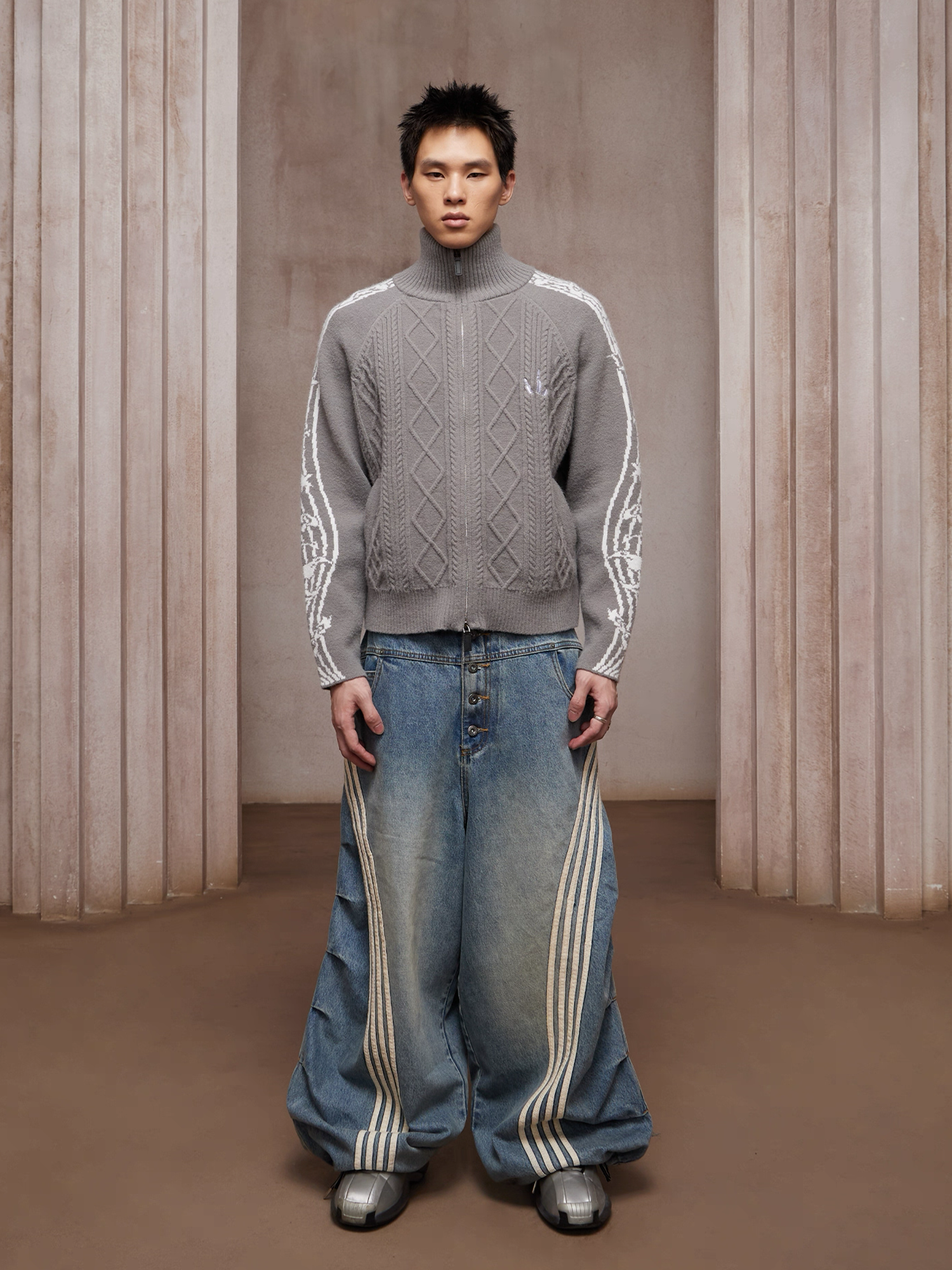 DND4DES Washed Ruched Striped Baggy Jeans