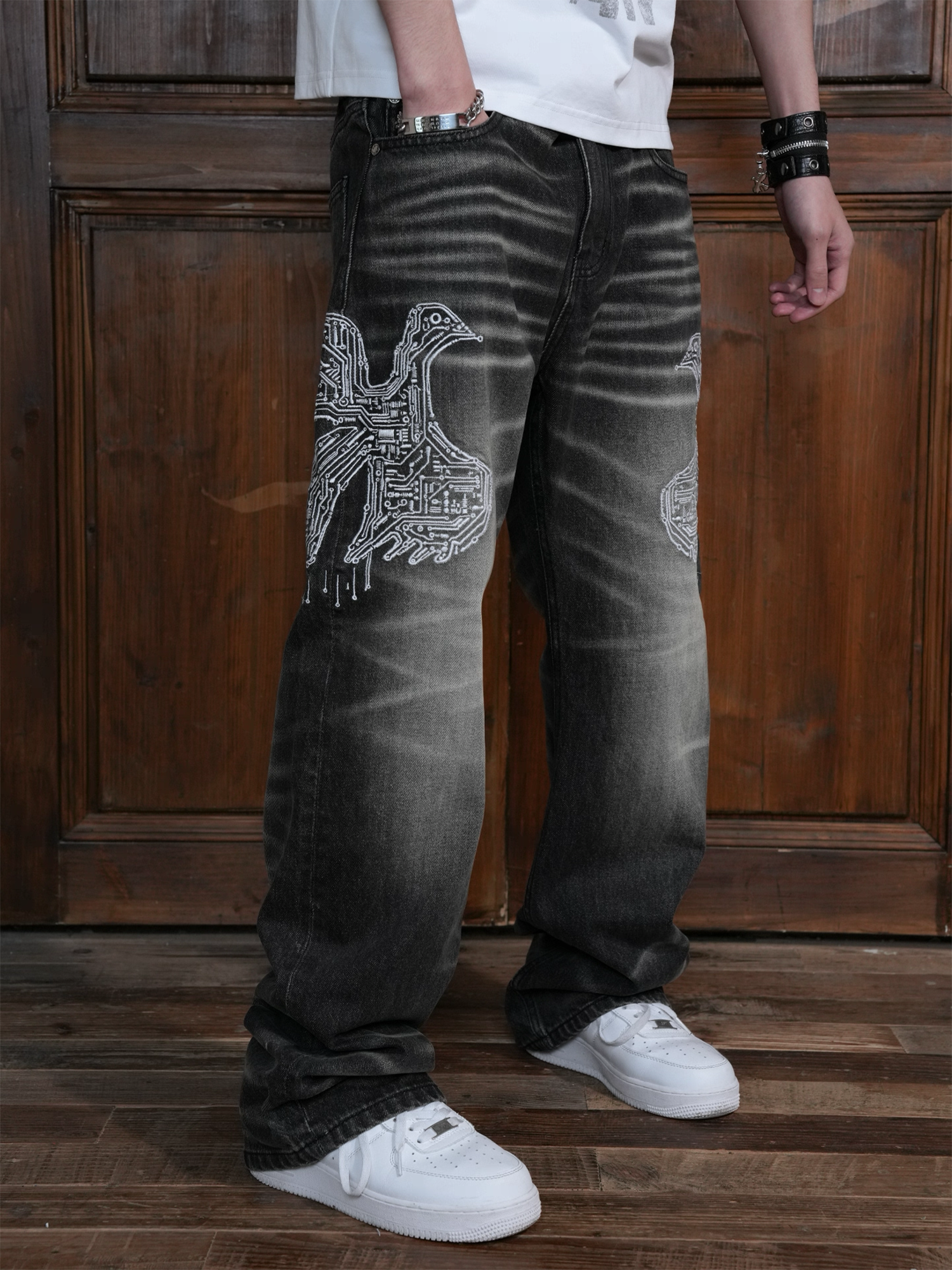 VINKID Faded Pigeon Embroidered Jeans