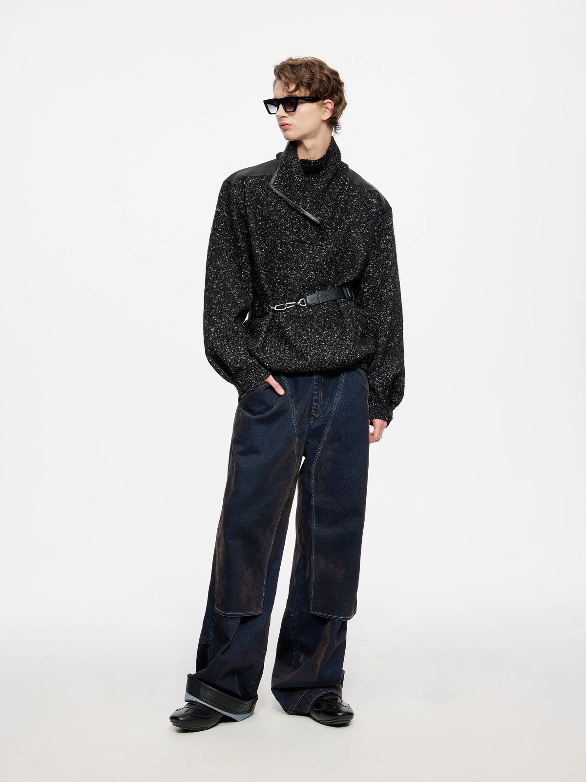 TIWILLTANG Spliced Faux Leather Dot-Yarn Fold Collar Sweater