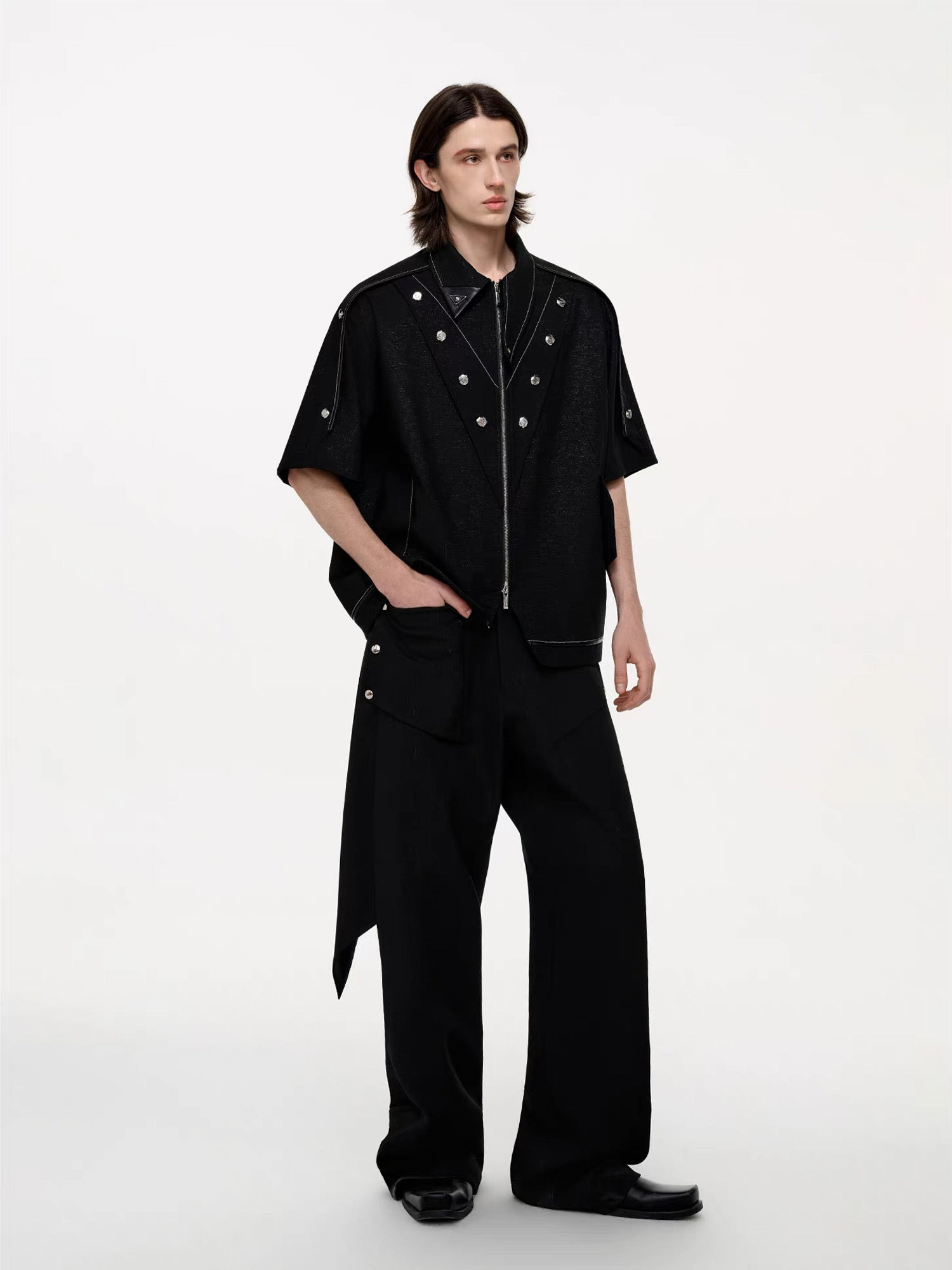 TIWILLTANG Studded Trim Zip-Up Half Shirt, premium urban and streetwear designers apparel on PROJECTISR.com, TIWILLTANG