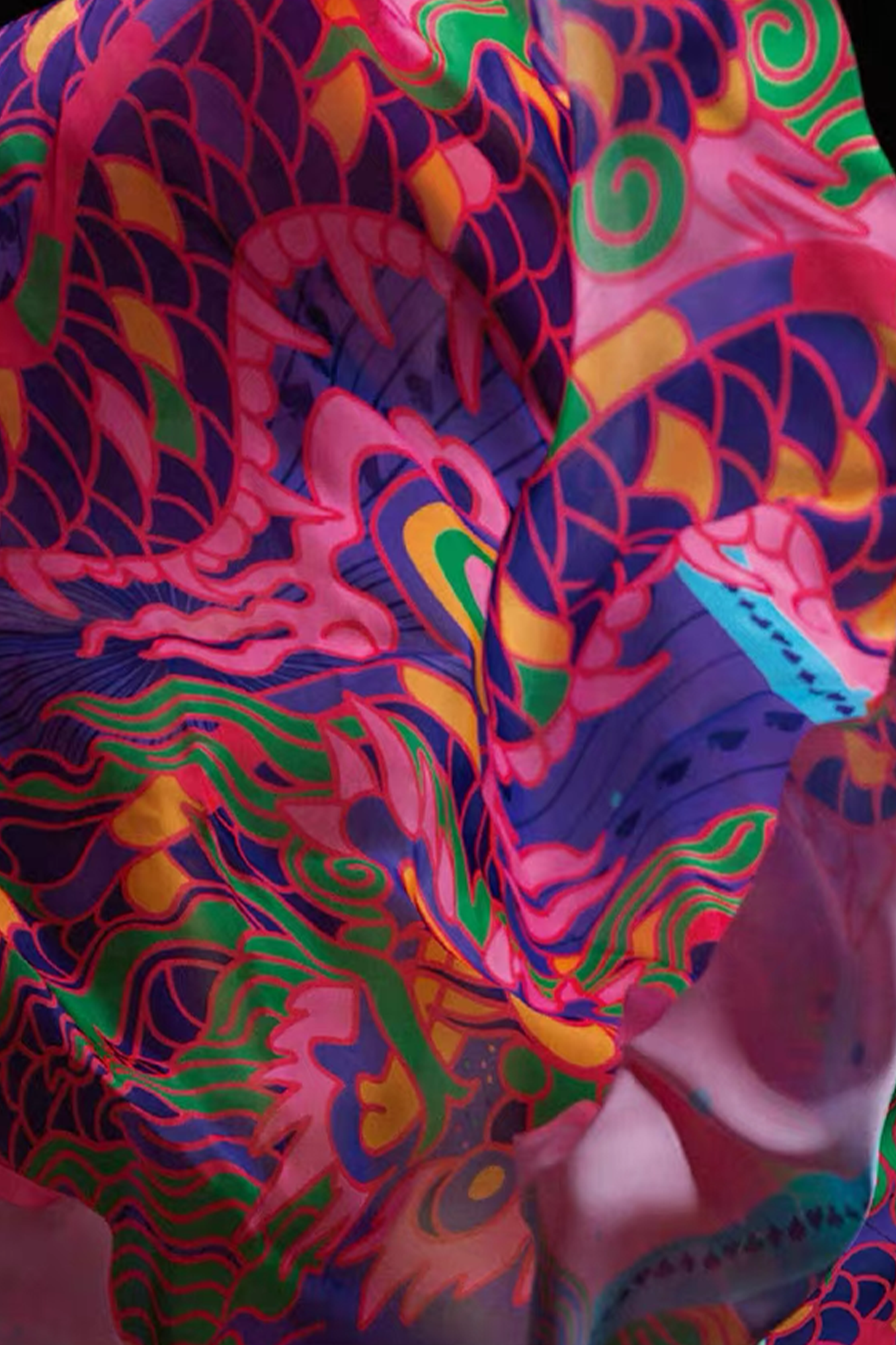 MASH UP ASIA Multicolor Dragon Burst Full-Print Square Scarf, premium urban and streetwear designers apparel on PROJECTISR.com, MASH UP ASIA