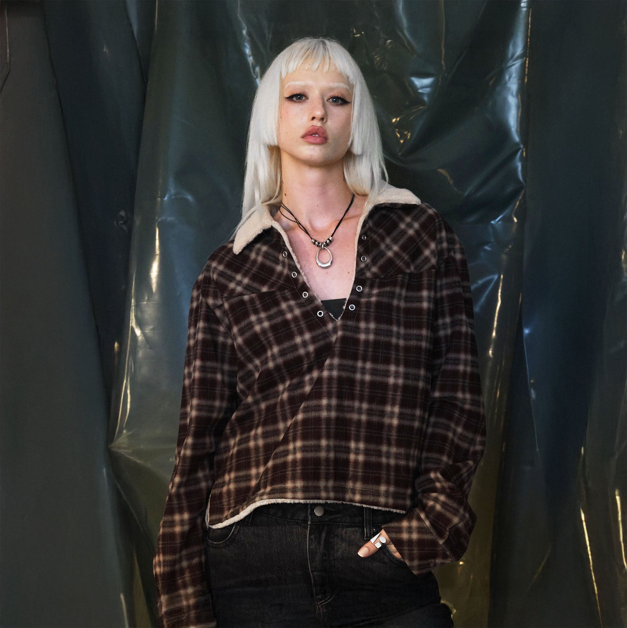 RECOVER ZONE Plaid Lace-Up Sherpa Sweatshirt
