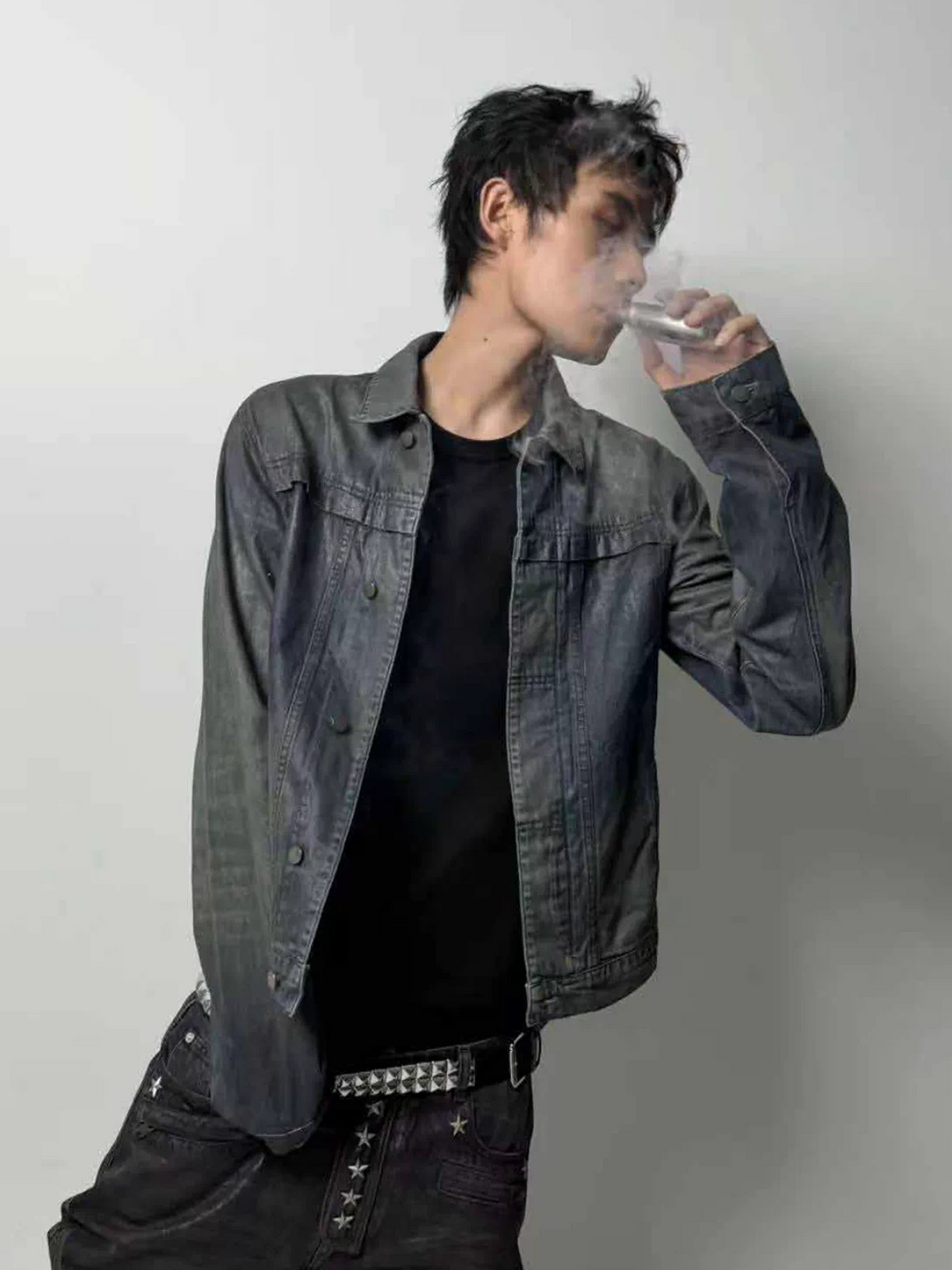 CINDER VEIN Brush-Paint Washed Distressed Denim Jacket
