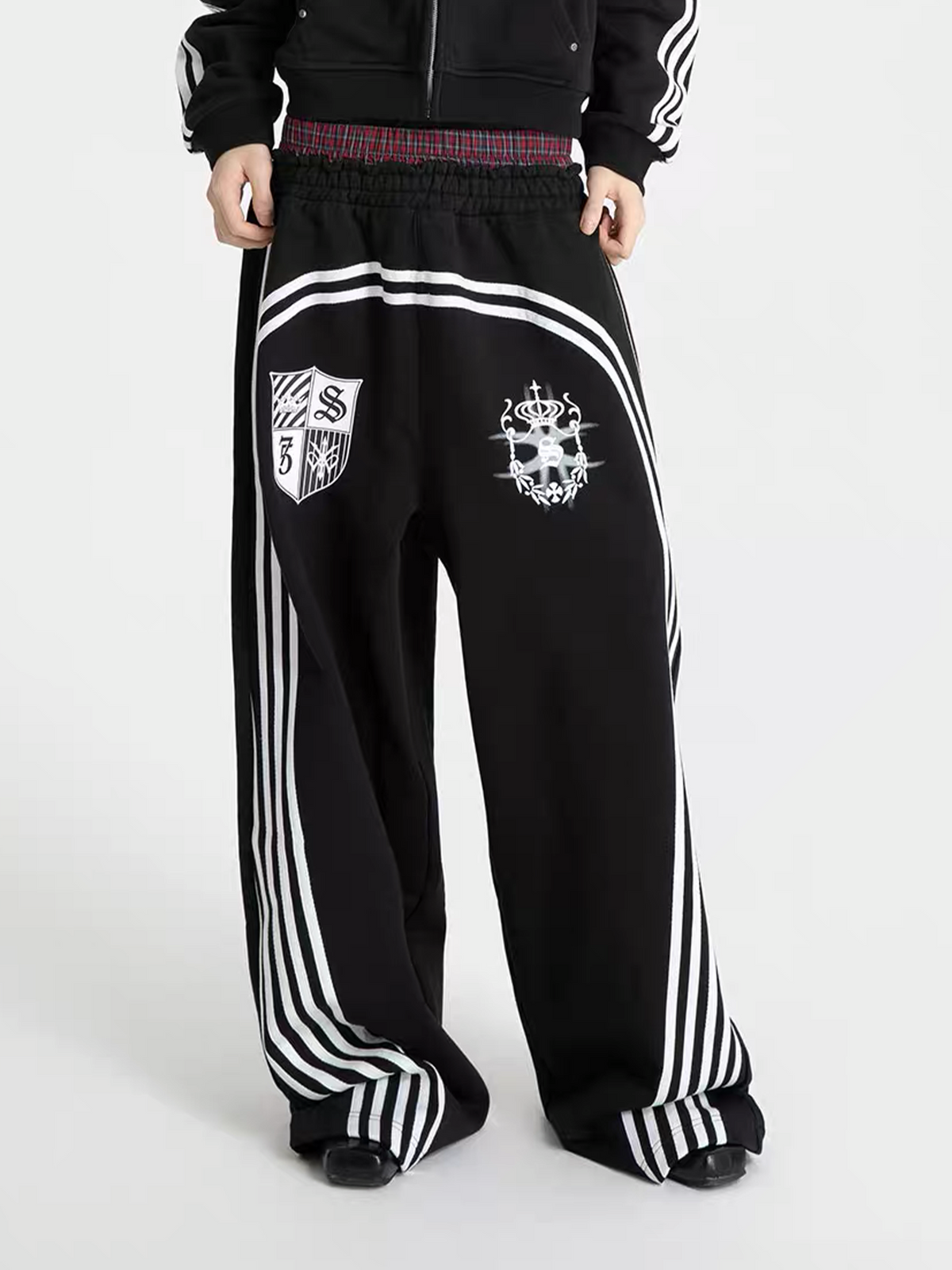 SEXXDEVIL Plaid Double-Waistband Striped Sweatpants