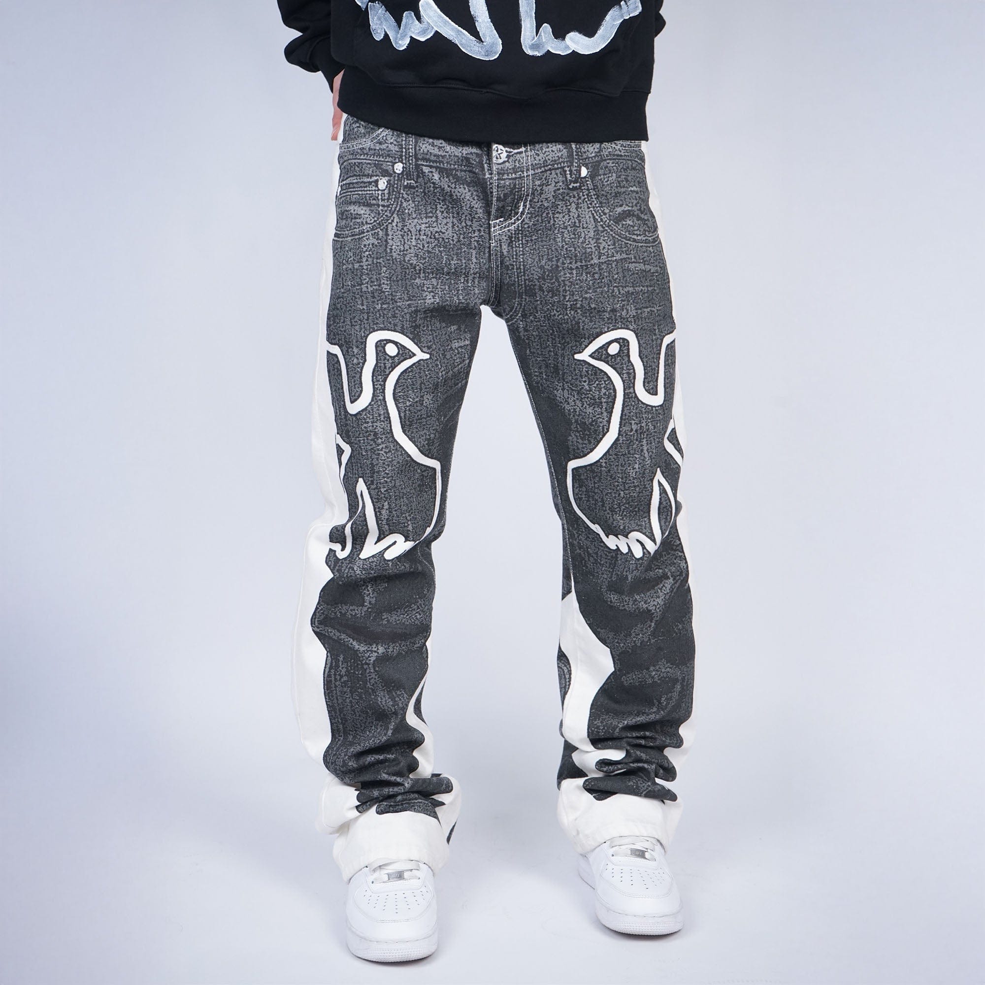 VINKID Faux-Layered Dove Graphic Contrast Panel Jeans, premium urban and streetwear designers apparel on PROJECTISR.com, VINKID