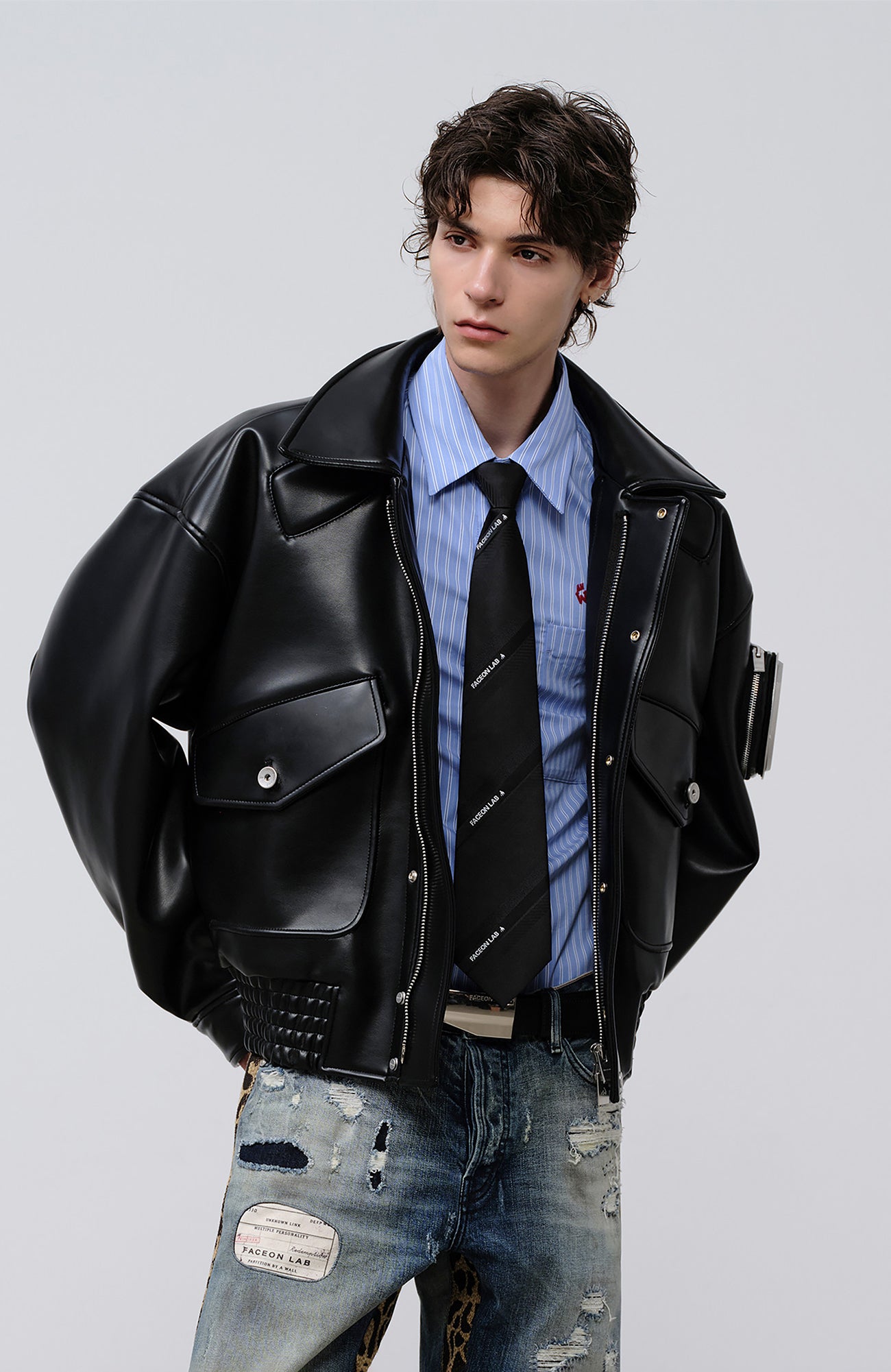 【モーガン蔵人】最終値下げ 90s leather bomber jacket FACEONLAB Arm-Patched Bomber Oversized Jacket