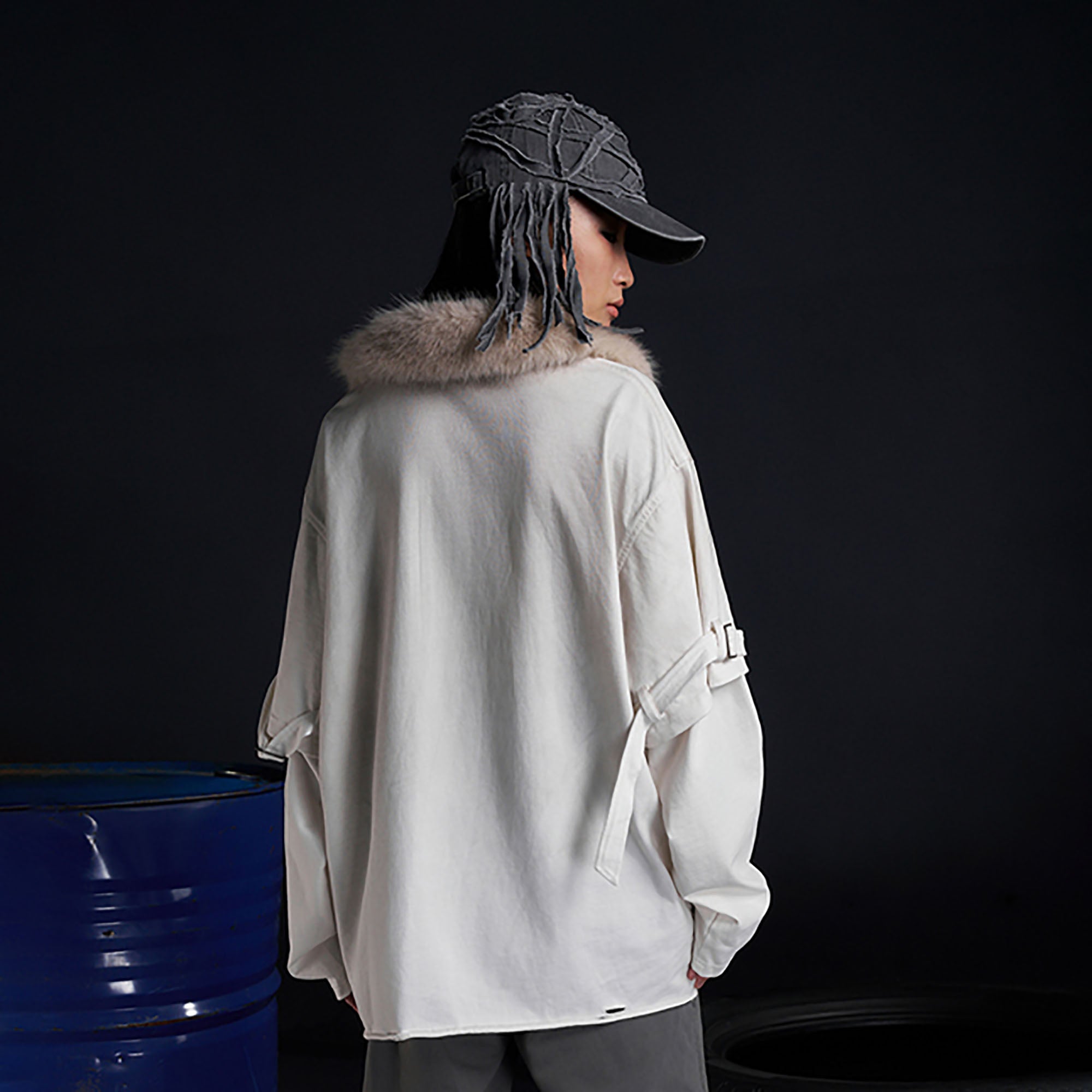 RECOVER ZONE Detachable Faux Fur Collar Long Sleeve Shirt
