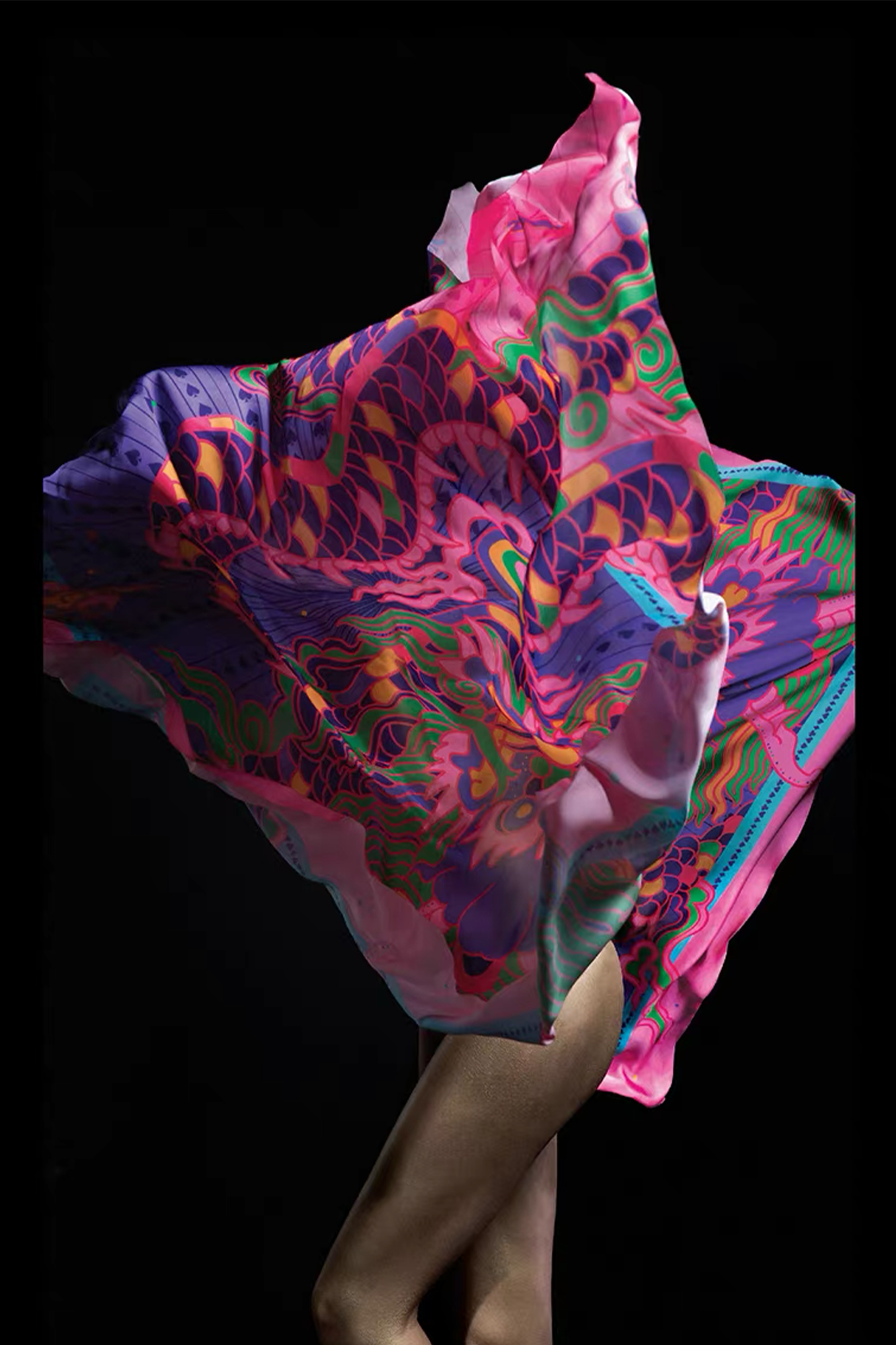 MASH UP ASIA Multicolor Dragon Burst Full-Print Square Scarf, premium urban and streetwear designers apparel on PROJECTISR.com, MASH UP ASIA