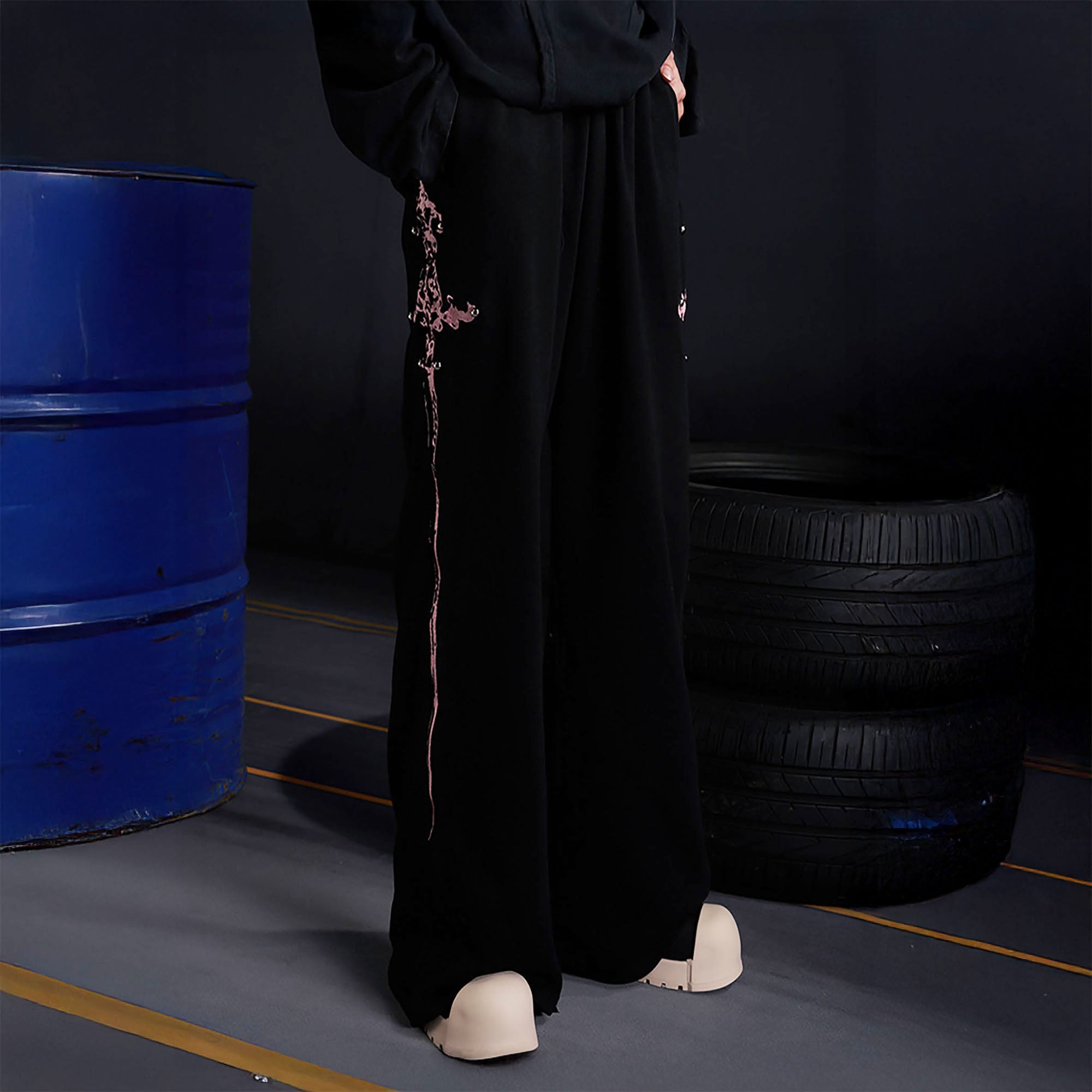 RECOVER ZONE Embroidered Sword Studded Wide-Leg Sweatpants, premium urban and streetwear designers apparel on PROJECTISR.com, RECOVER ZONE