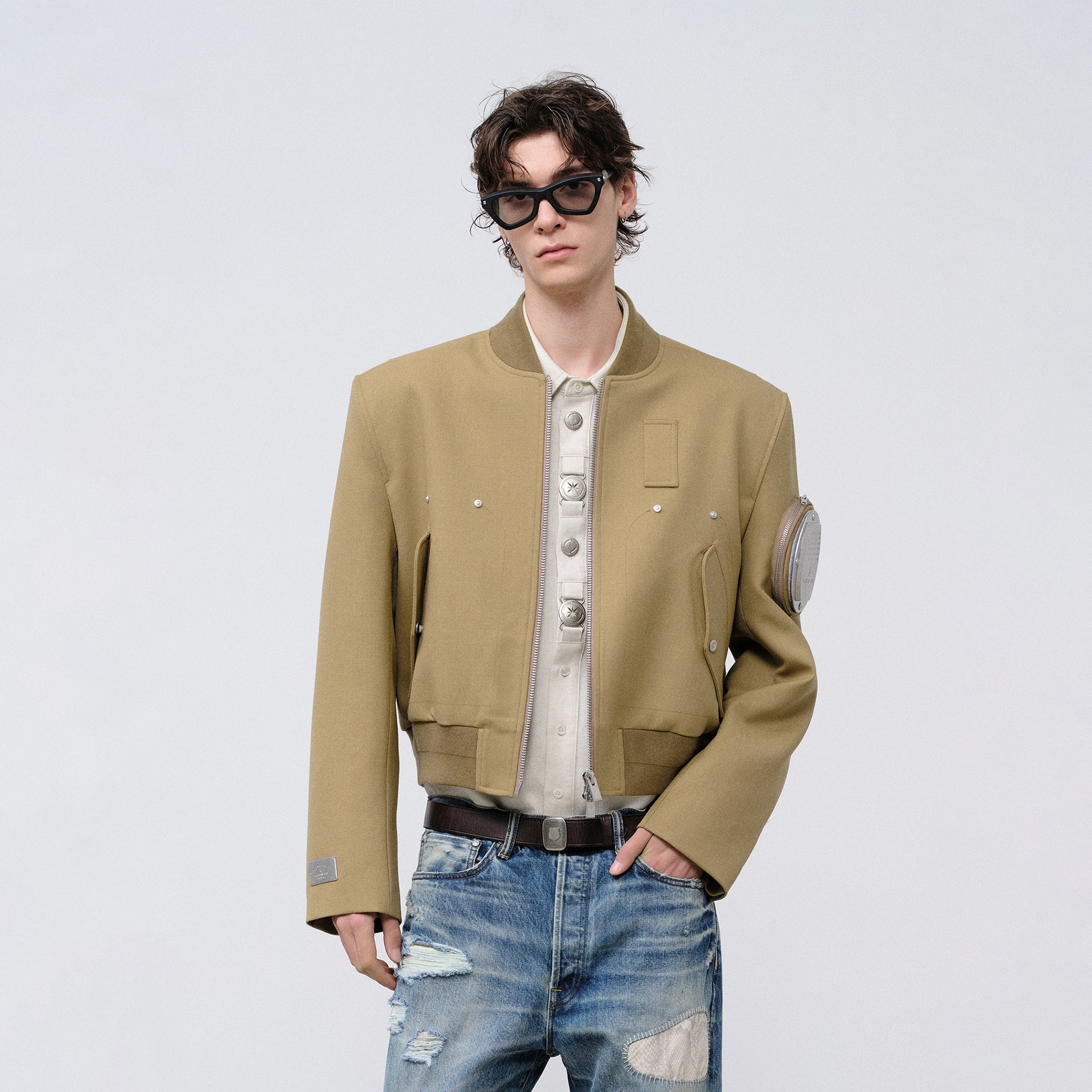 FACEONLAB Arm-Patched Bomber Jacket Khaki, premium urban and streetwear designers apparel on PROJECTISR.com, FACEONLAB