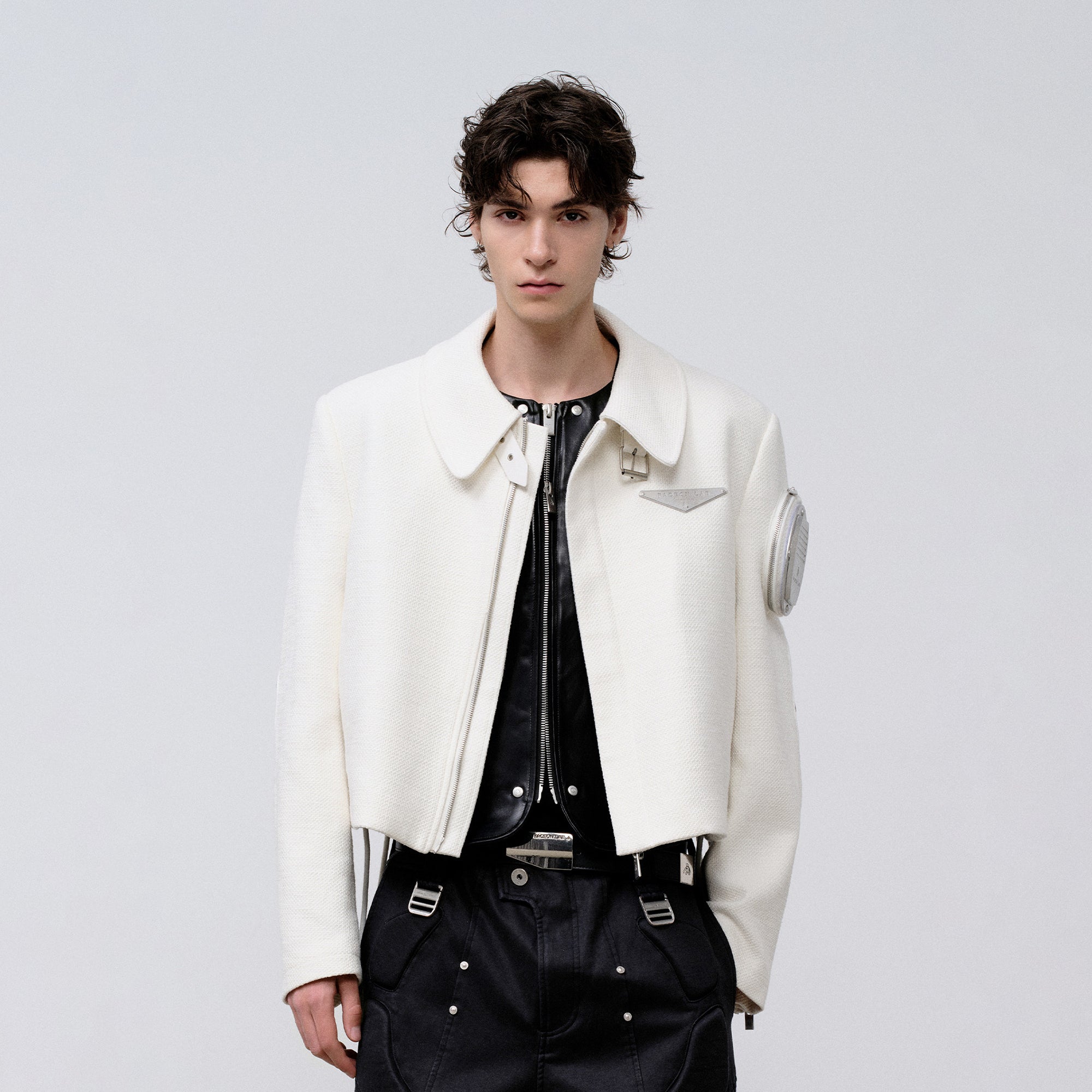 FACEONLAB Arm-Patched Cropped Naval Jacket White, premium urban and streetwear designers apparel on PROJECTISR.com, FACEONLAB