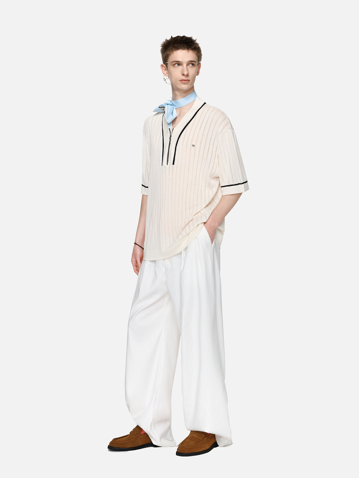 TIWILLTANG Openwork Contrast Trim Zip-Neck Knitted T Shirt