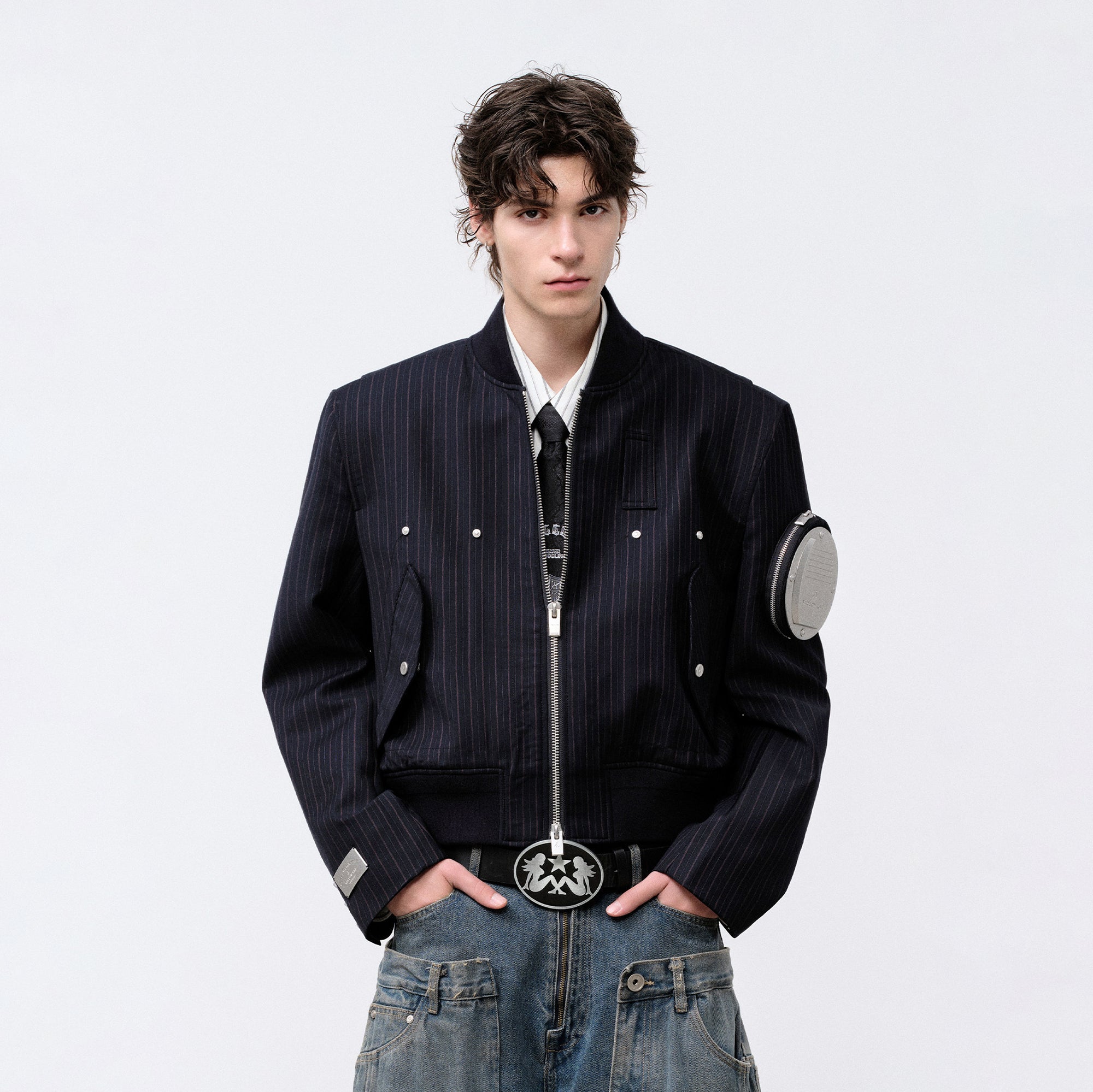 FACEONLAB Arm-Patched Bomber Jacket Navy, premium urban and streetwear designers apparel on PROJECTISR.com, FACEONLAB