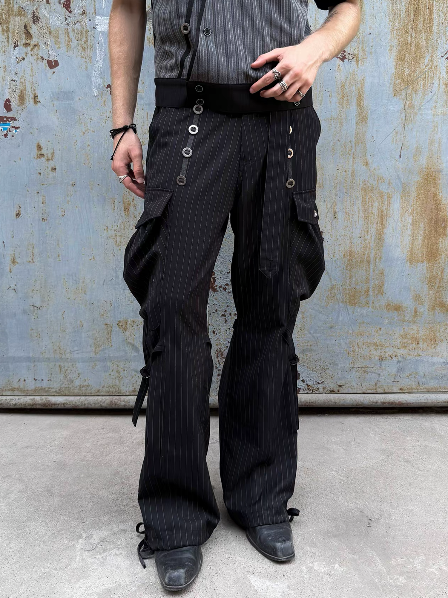 ESAIAS Pinstripe Grommet Belted Trousers