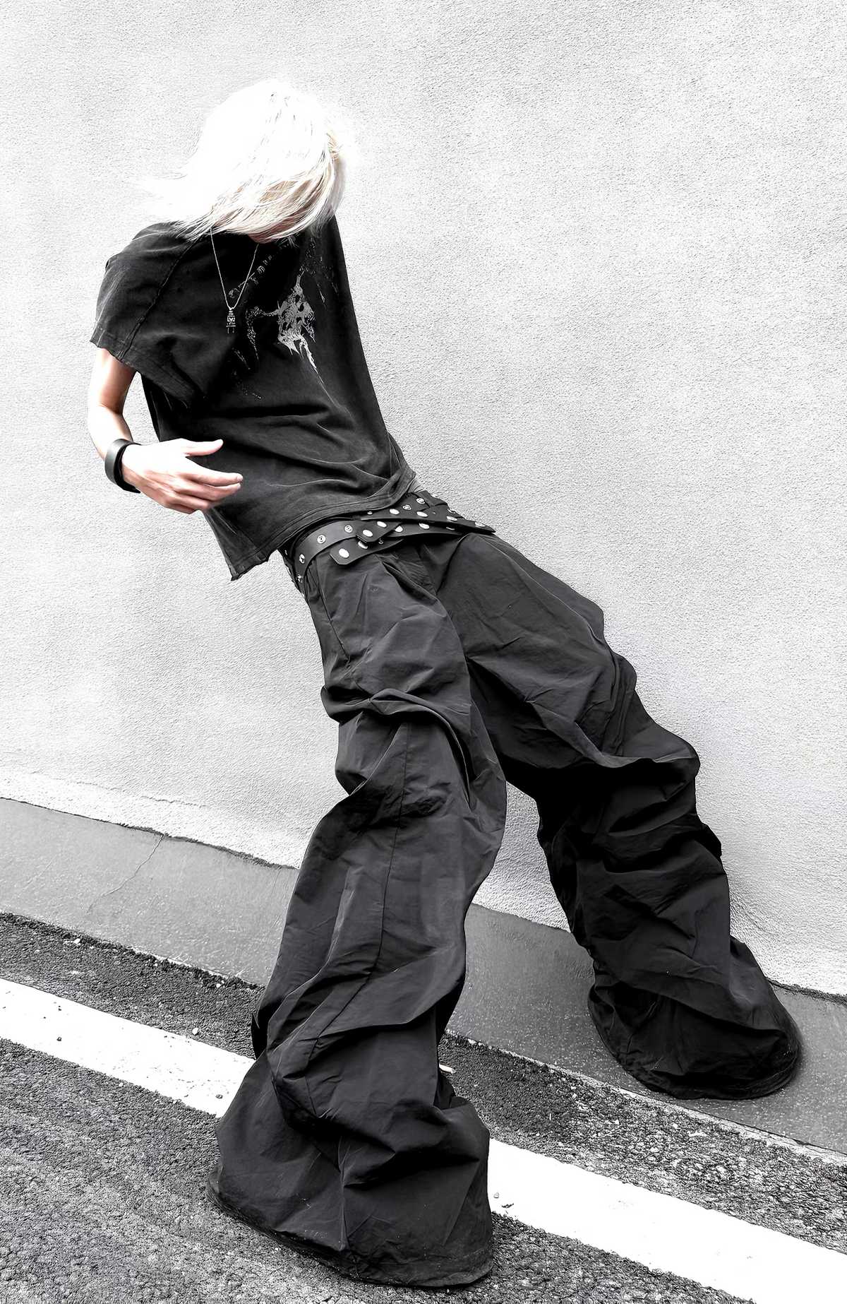 VANGUARDIA Crinkled Wide-Leg Nylon Flared Cargo Pants