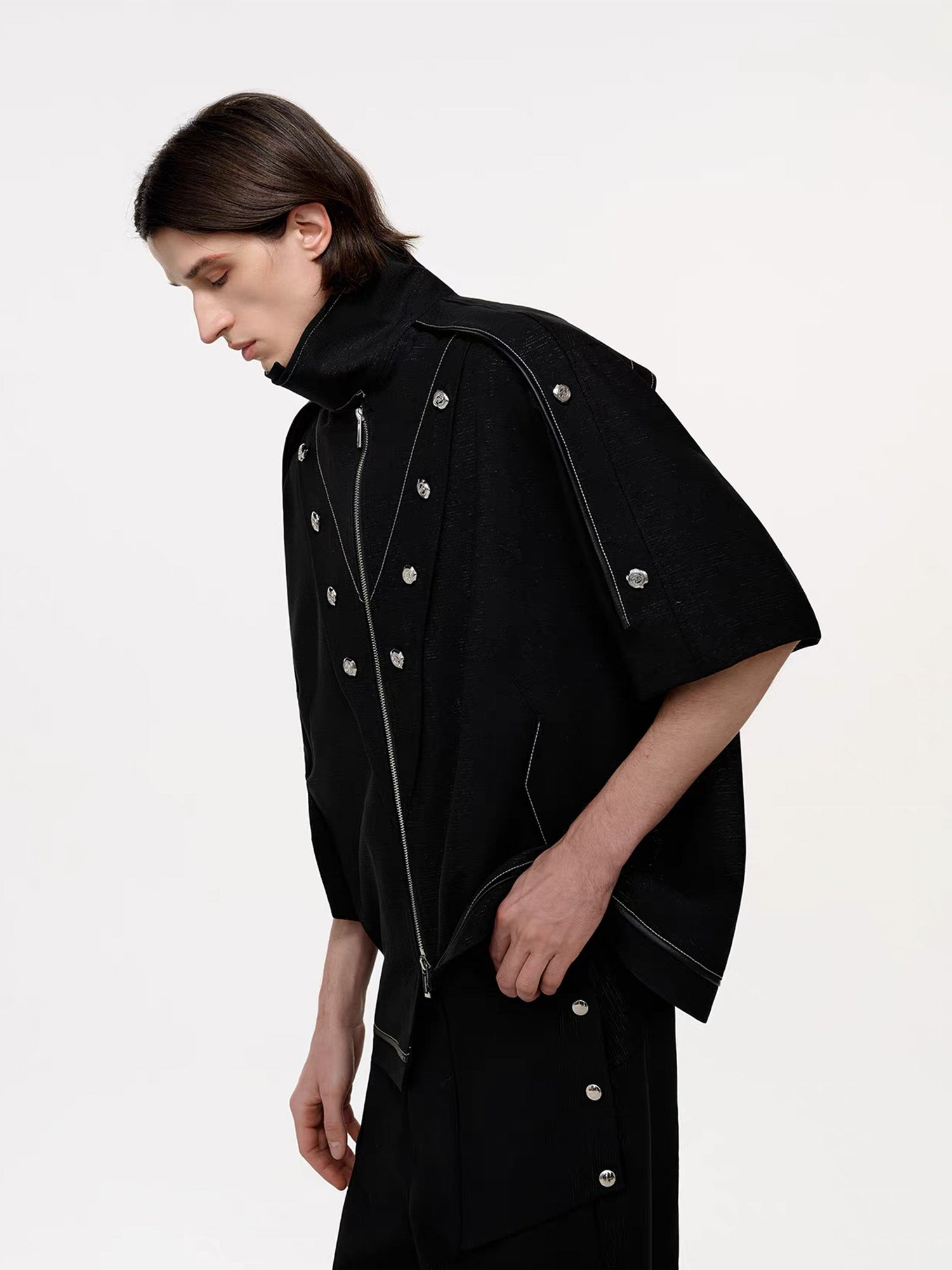 TIWILLTANG Studded Trim Zip-Up Half Shirt, premium urban and streetwear designers apparel on PROJECTISR.com, TIWILLTANG