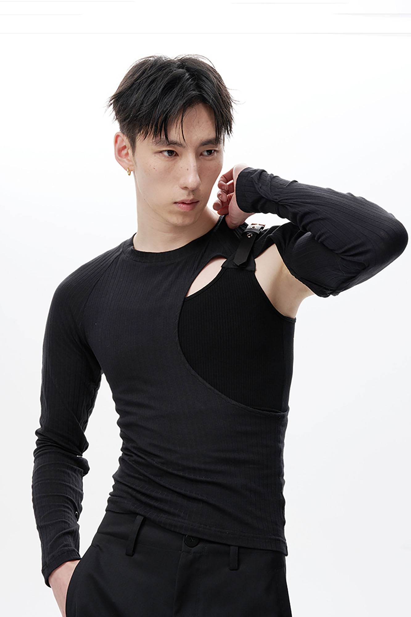 TUIMU Belted Cut-Out Ribbed Long-Sleeve Tee, premium urban and streetwear designers apparel on PROJECTISR.com, TUIMU