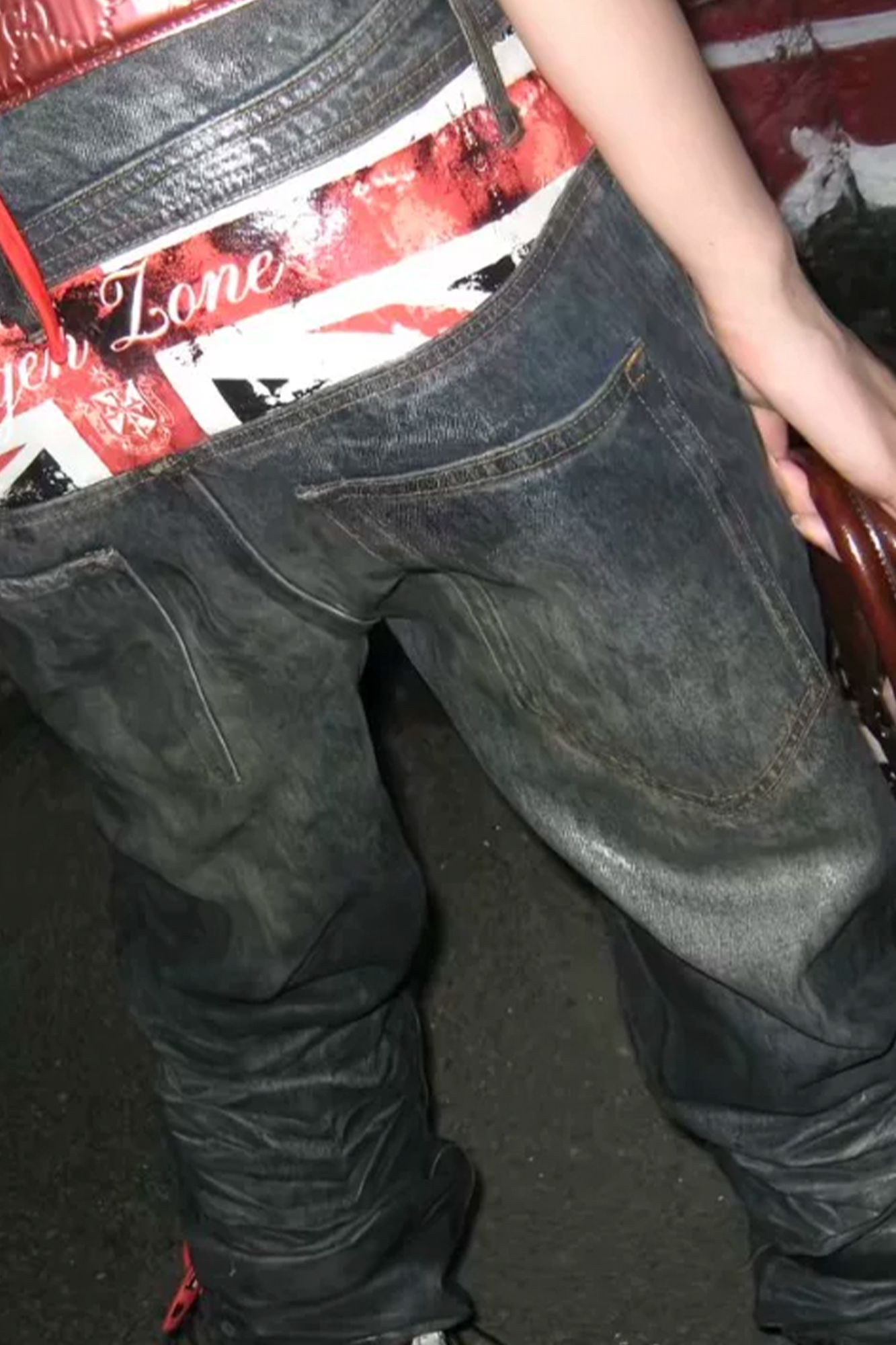 REGEN ZONE Flag Wax-Brushed Studded Double-Waist Jeans