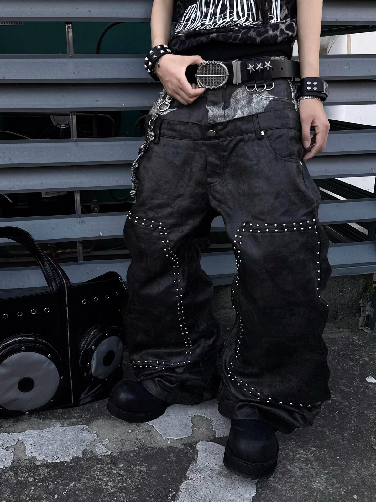 SEXXDEVIL Camo Washed Spliced Studded Jeans