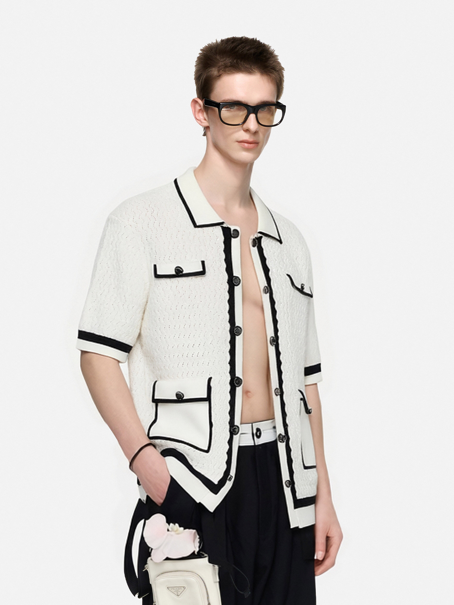 TIWILLTANG Contrast Trim Knitted Half Shirt