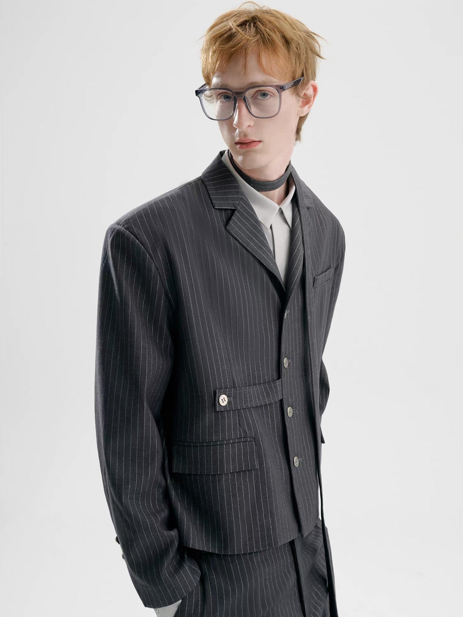TIWILLTANG Cropped Pinstripe Strap Blazer, premium urban and streetwear designers apparel on PROJECTISR.com, TIWILLTANG