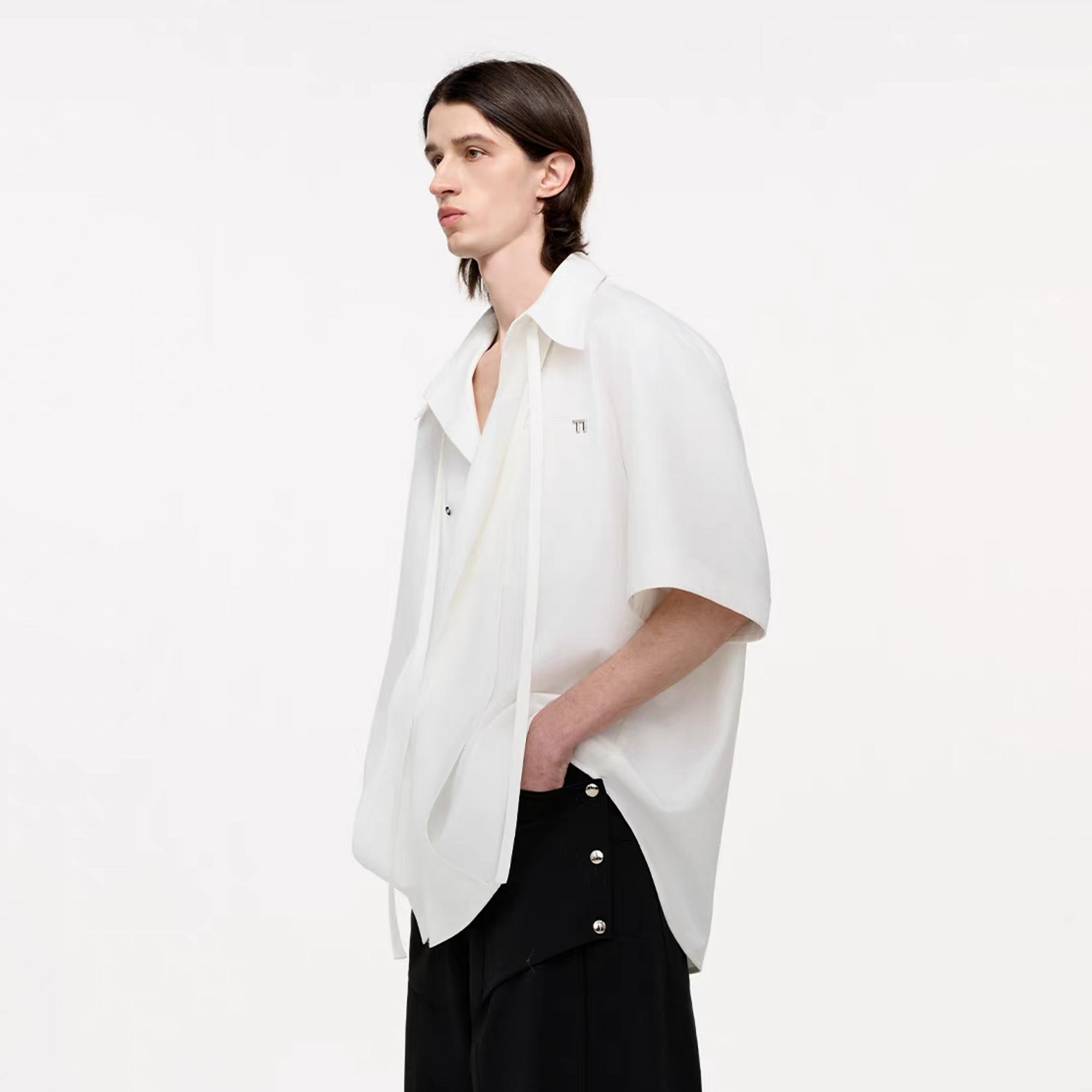 TIWILLTANG Draped Camp-Collar T Shirt, premium urban and streetwear designers apparel on PROJECTISR.com, TIWILLTANG