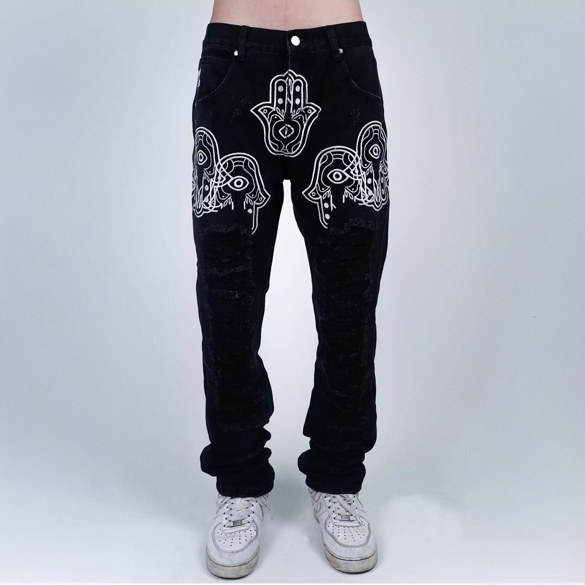 VINKID Hamsa Embroidered Double-Layer Ripped Stacked Jeans, premium urban and streetwear designers apparel on PROJECTISR.com, VINKID