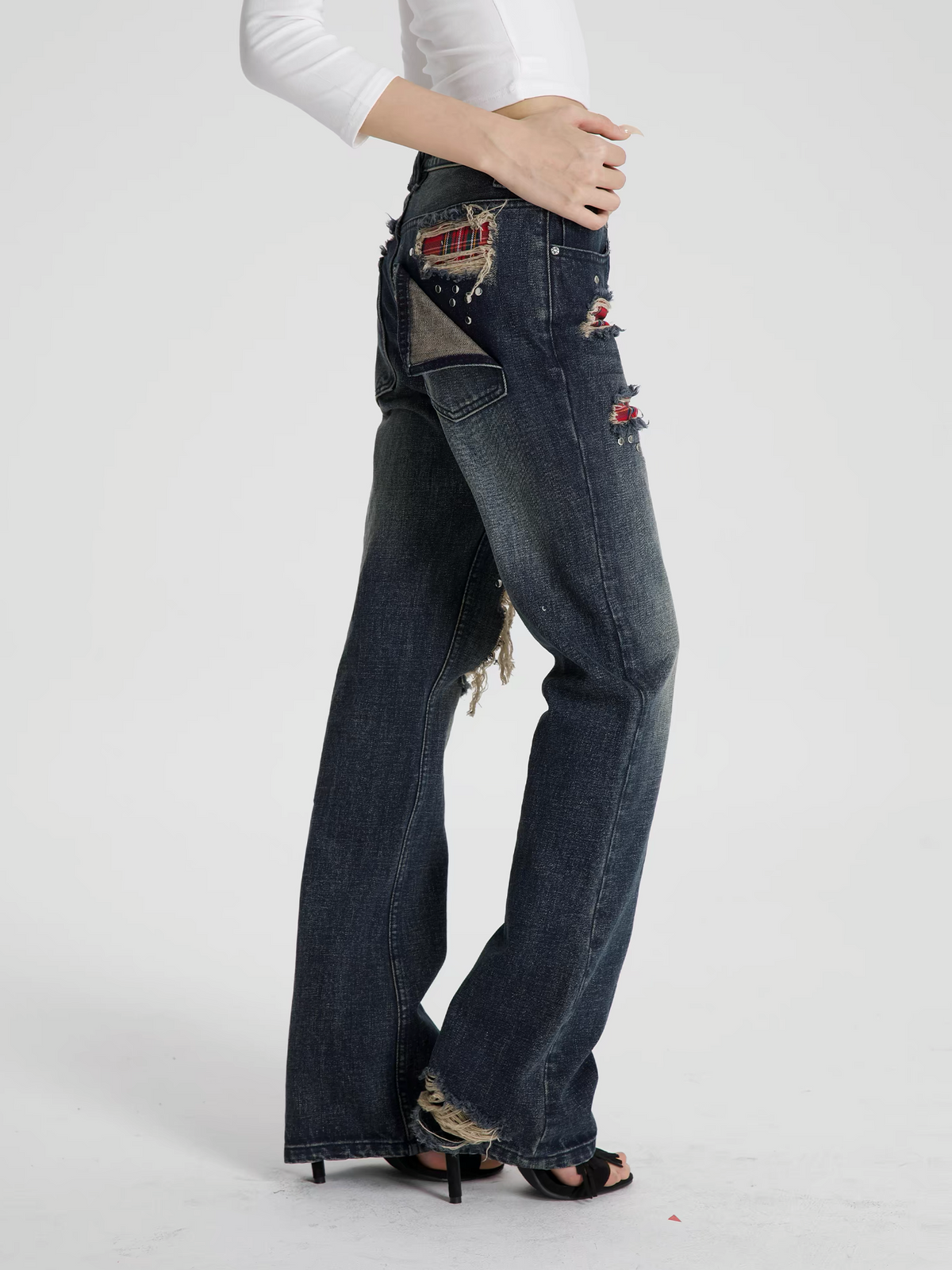 SEXXDEVIL Plaid Patch Distressed Rivet Washed Flared Jeans