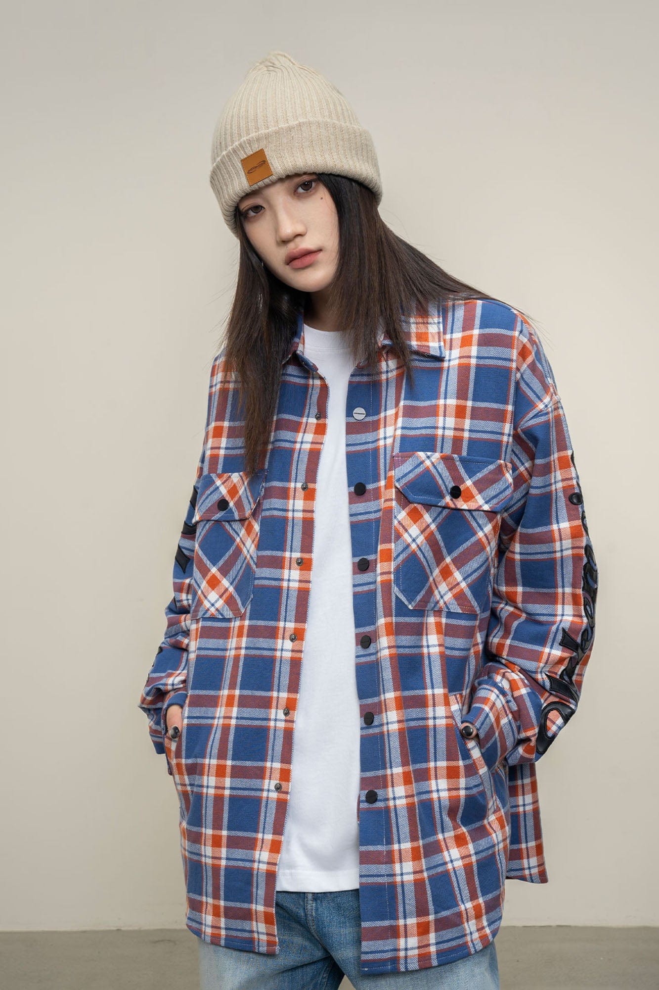 MAKEMORE Flap Pocket Plaid LOGO Patch Shirt, premium urban and streetwear designers apparel on PROJECTISR.com, MAKEMORE