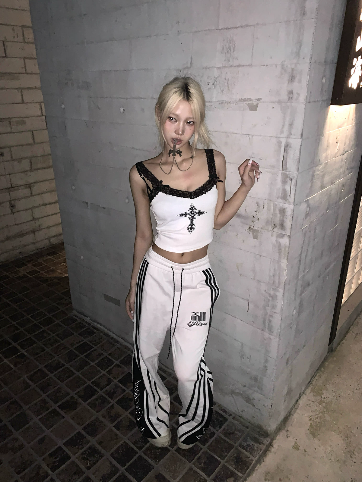 SEXXDEVIL Striped Deconstructed Zippered Embroidered Sweatpants