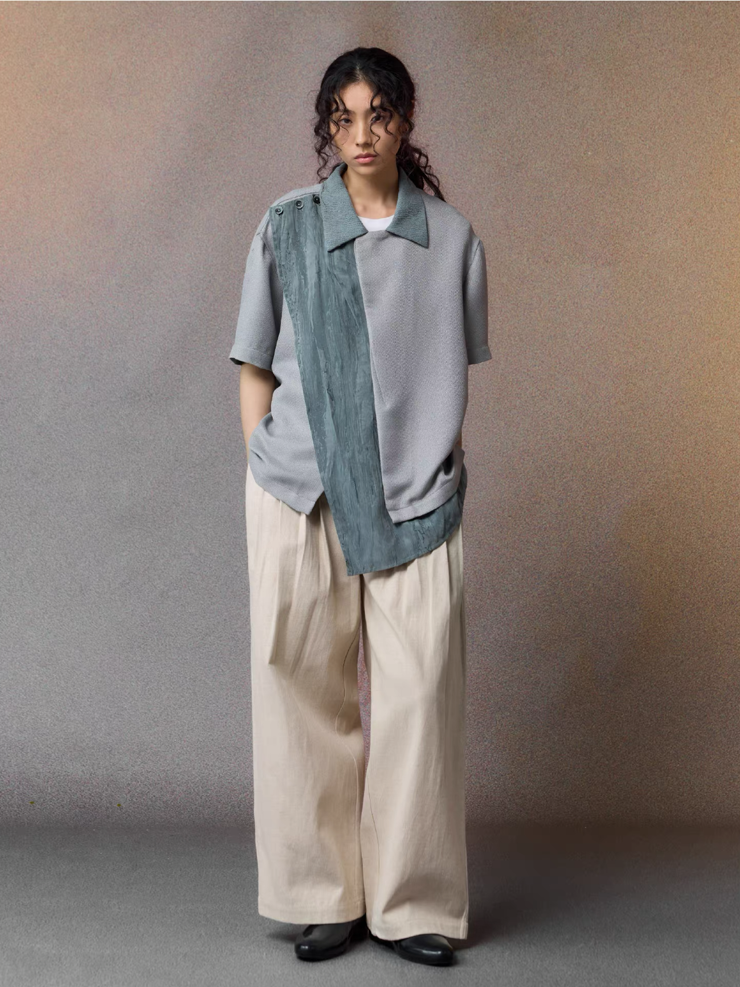 ALVNG AR ANTS Asymmetrical Contrast Spliced Linen Half Shirt, premium urban and streetwear designers apparel on PROJECTISR.com, ALVNG AR ANTS