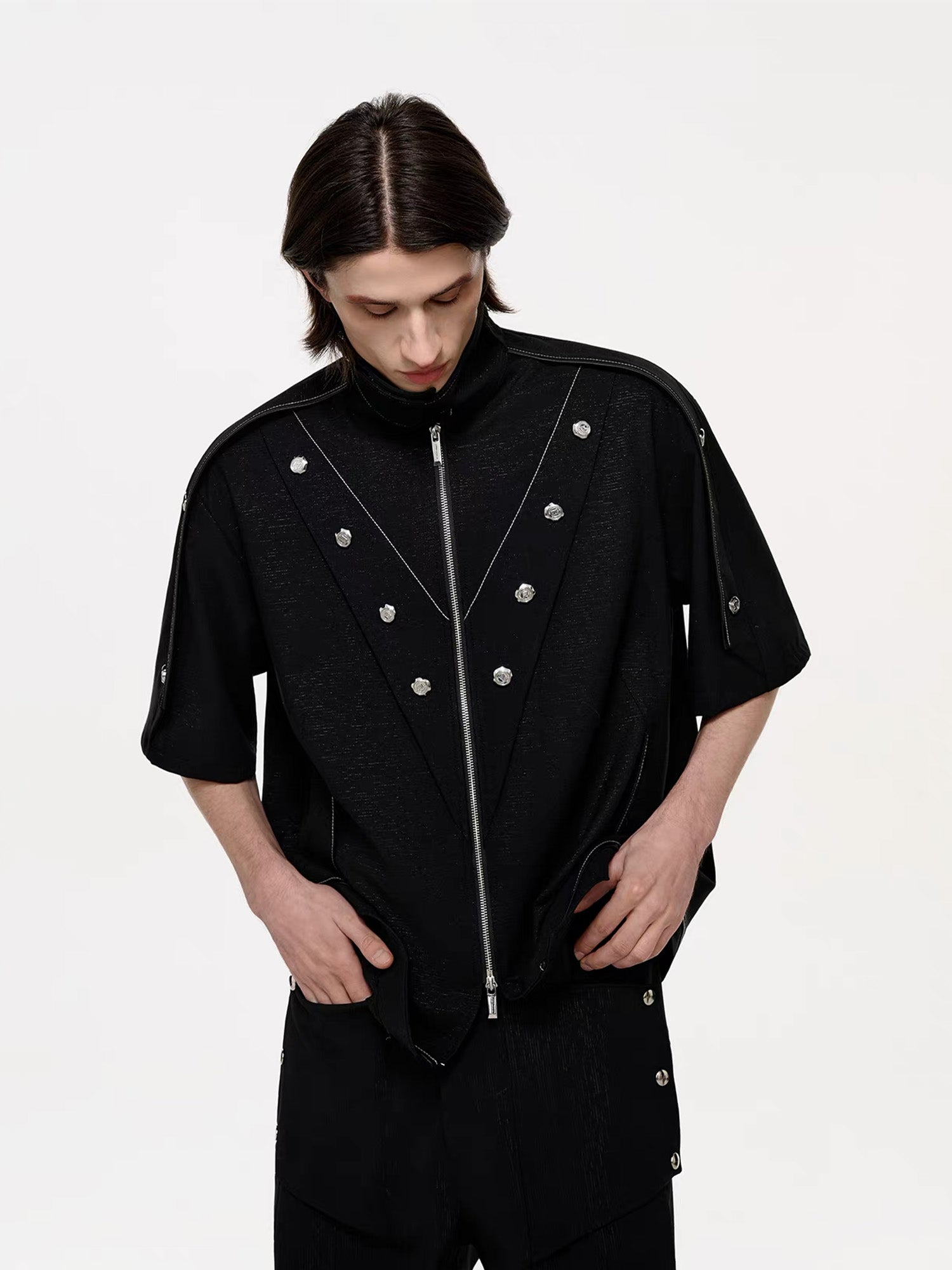 TIWILLTANG Studded Trim Zip-Up Half Shirt, premium urban and streetwear designers apparel on PROJECTISR.com, TIWILLTANG