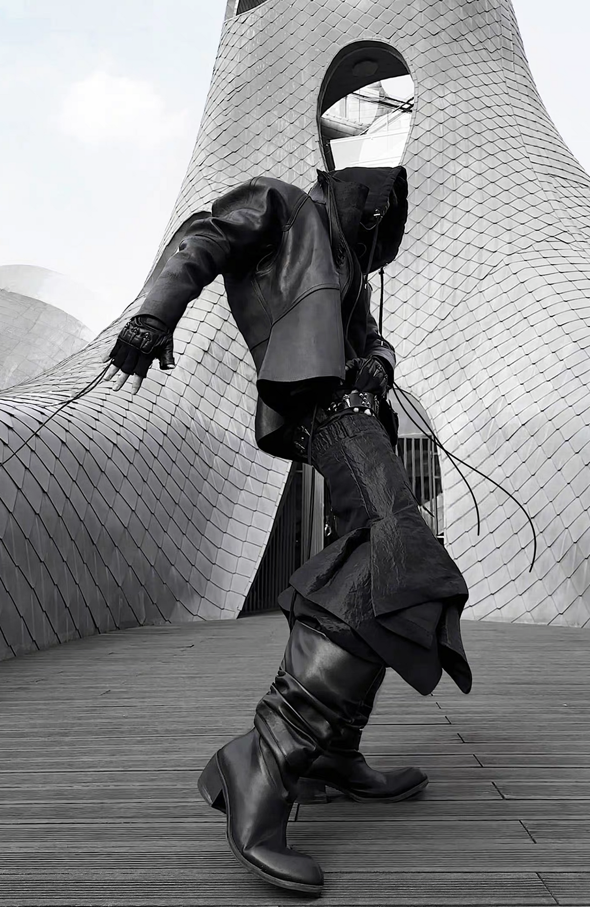 VANGUARDIA Liquid Metal Layered-Waist Skirt Pants