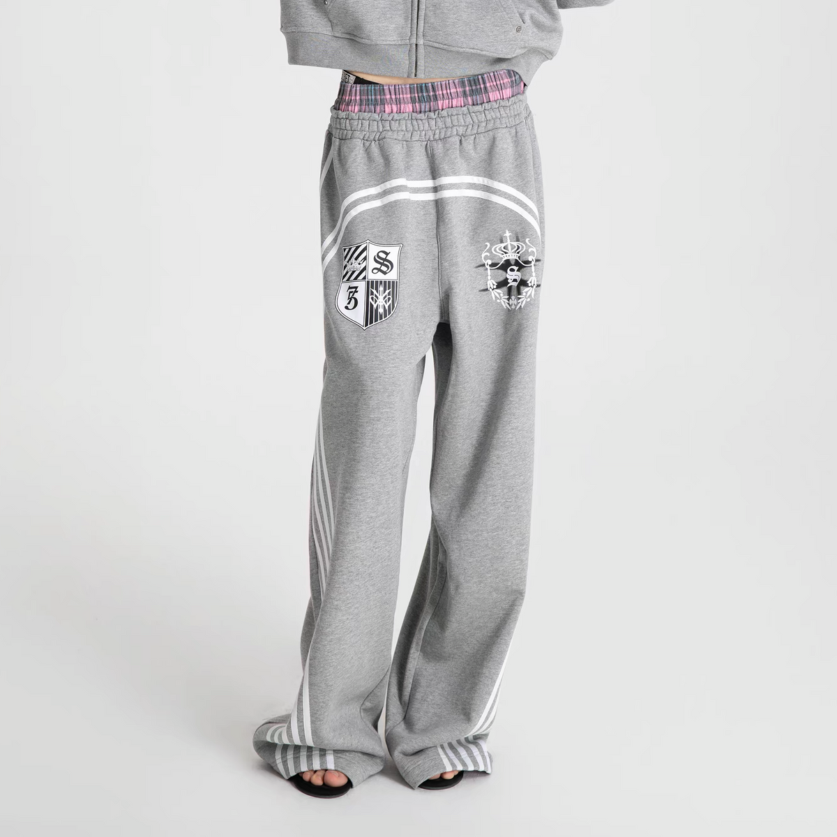 SEXXDEVIL Plaid Double-Waistband Striped Sweatpants