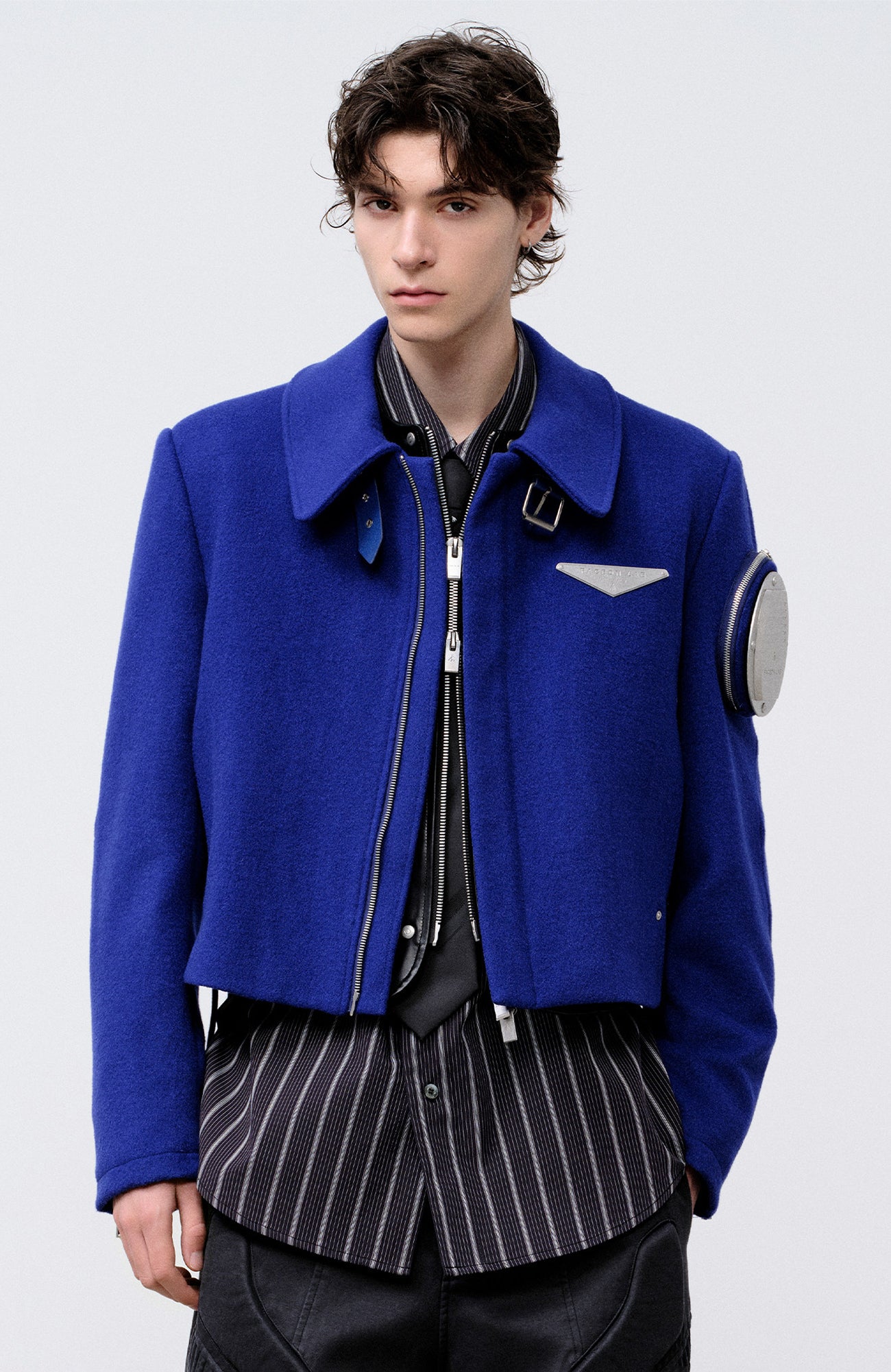 FACEONLAB Arm-Patched Cropped Naval Jacket Blue, premium urban and streetwear designers apparel on PROJECTISR.com, FACEONLAB