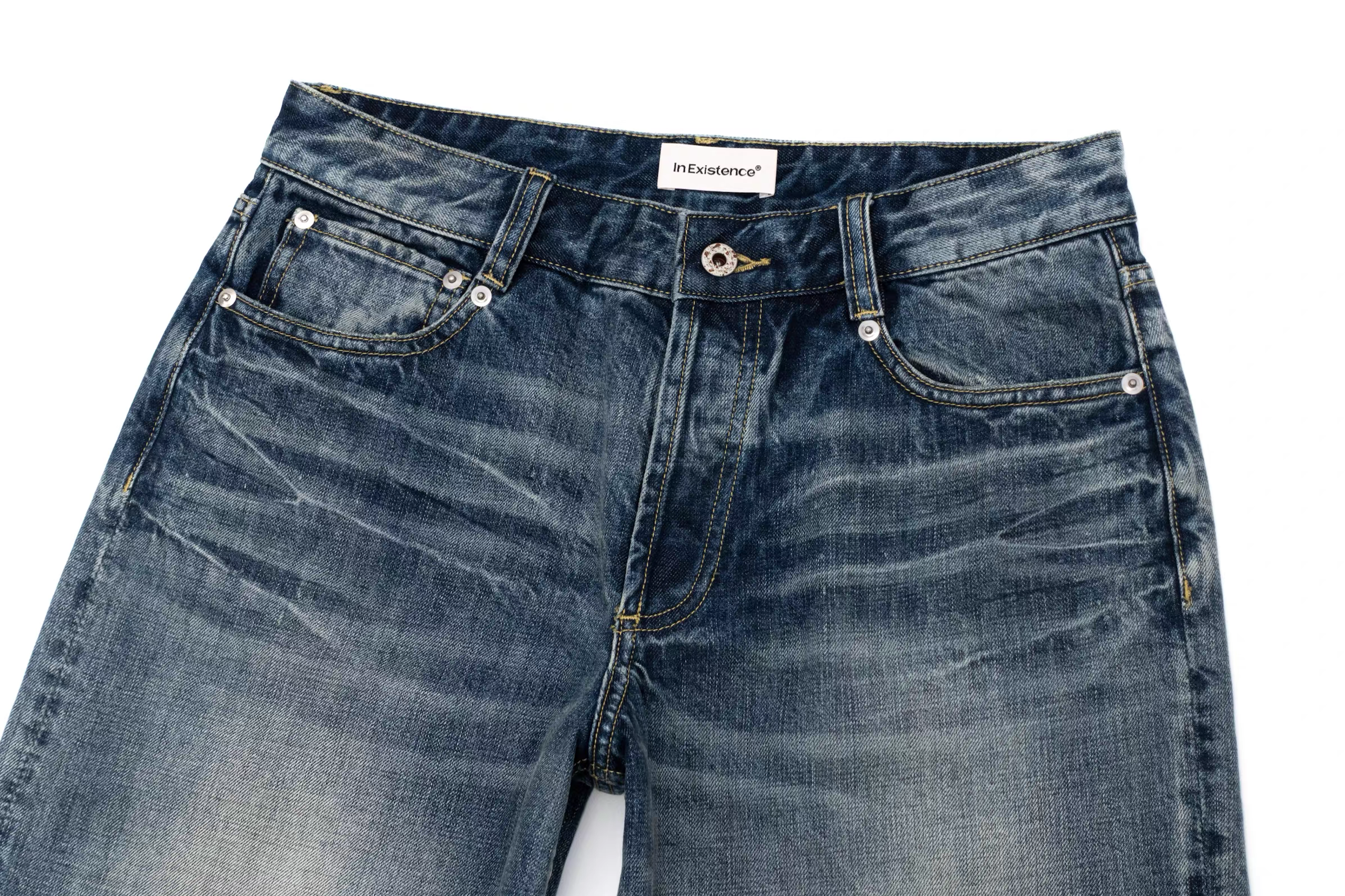 IN EXISTENCE x i Washed Lightning Fade Wide-Leg Jeans Blue, premium urban and streetwear designers apparel on PROJECTISR.com, IN EXISTENCE