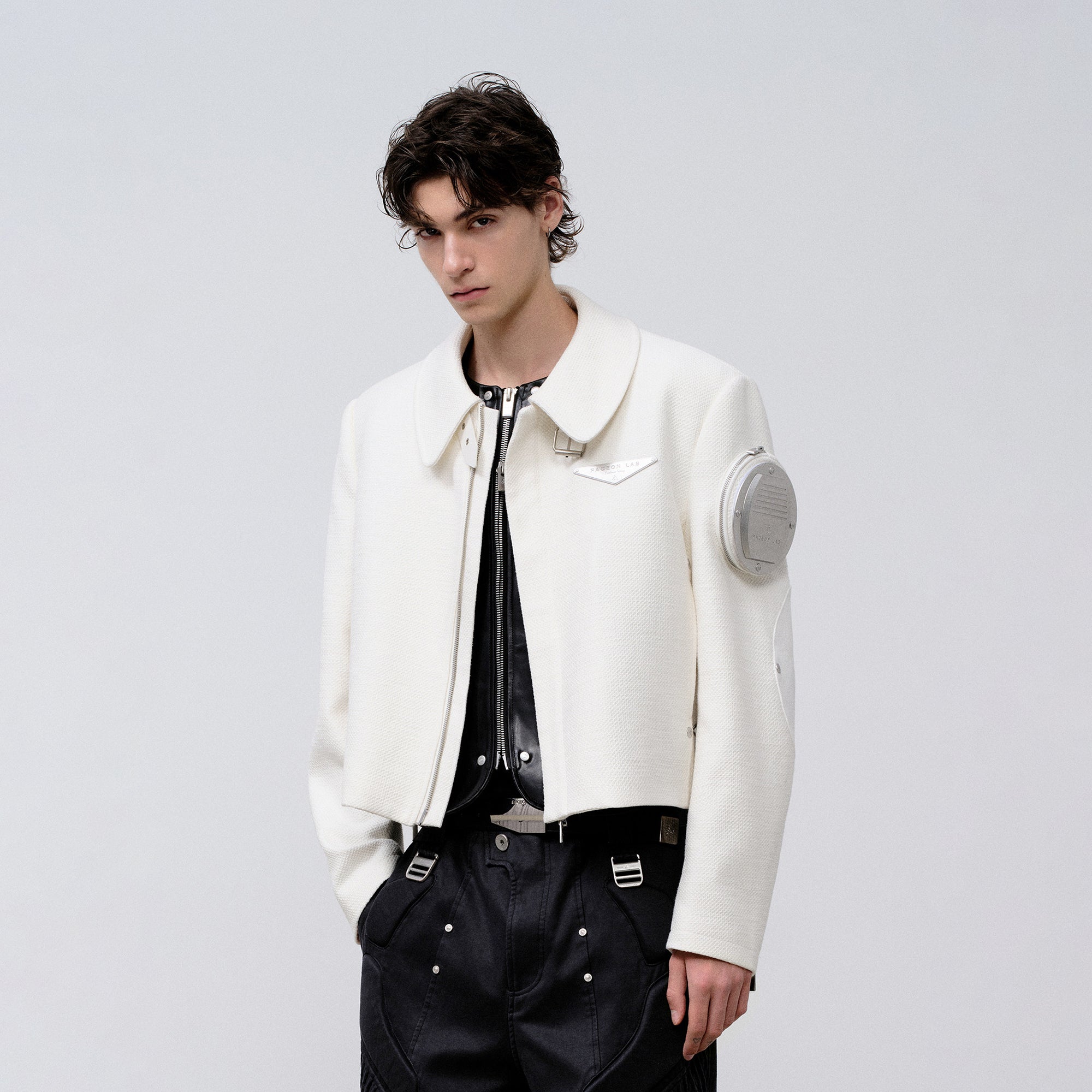 FACEONLAB Arm-Patched Cropped Naval Jacket White, premium urban and streetwear designers apparel on PROJECTISR.com, FACEONLAB