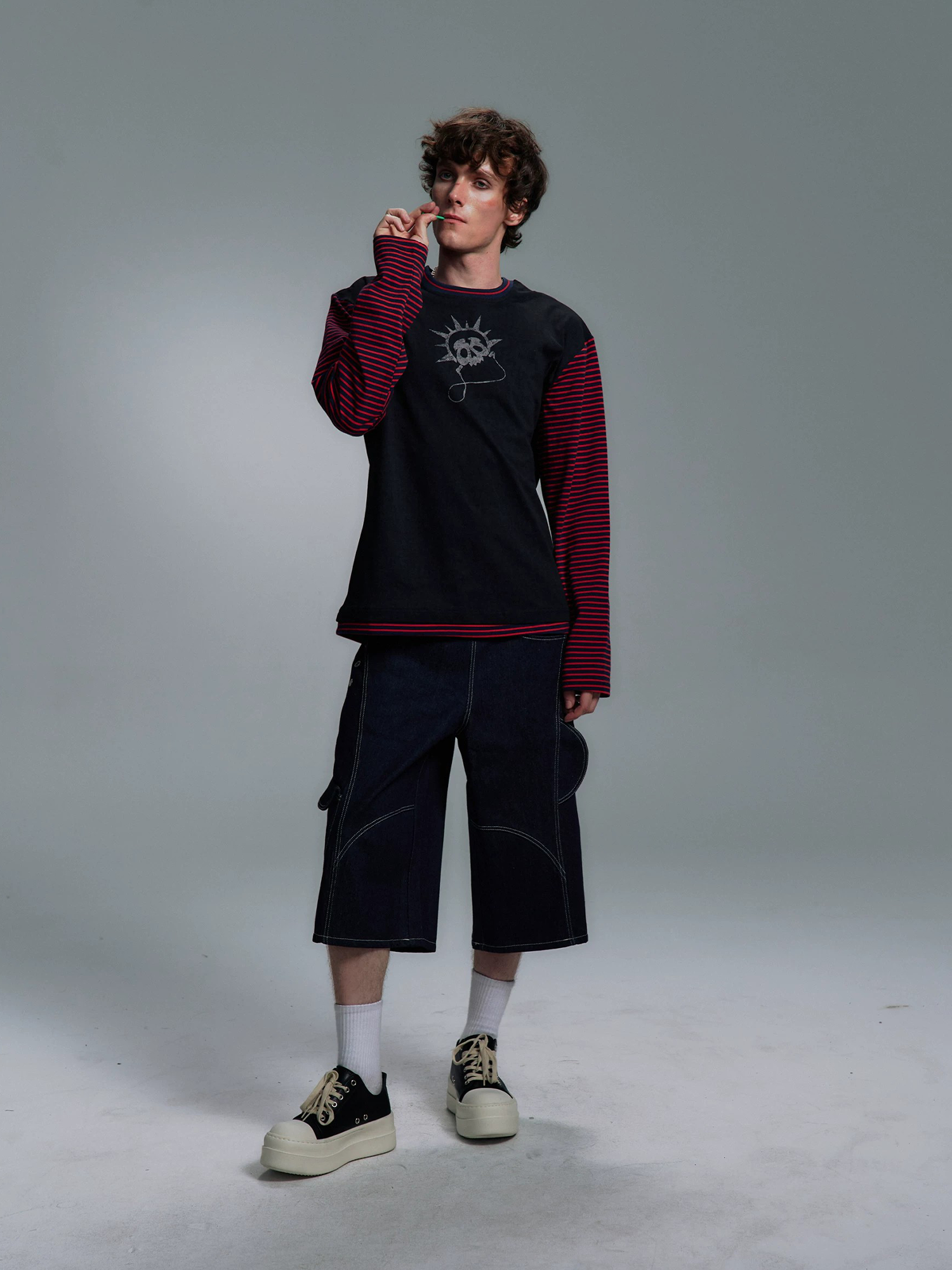 PAIKI Retro Double-Waist Contrast Stitch Cargo Shorts