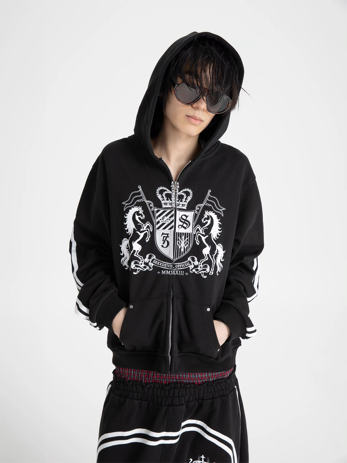 SEXXDEVIL Striped Embroidered Zip-Up Hoodie