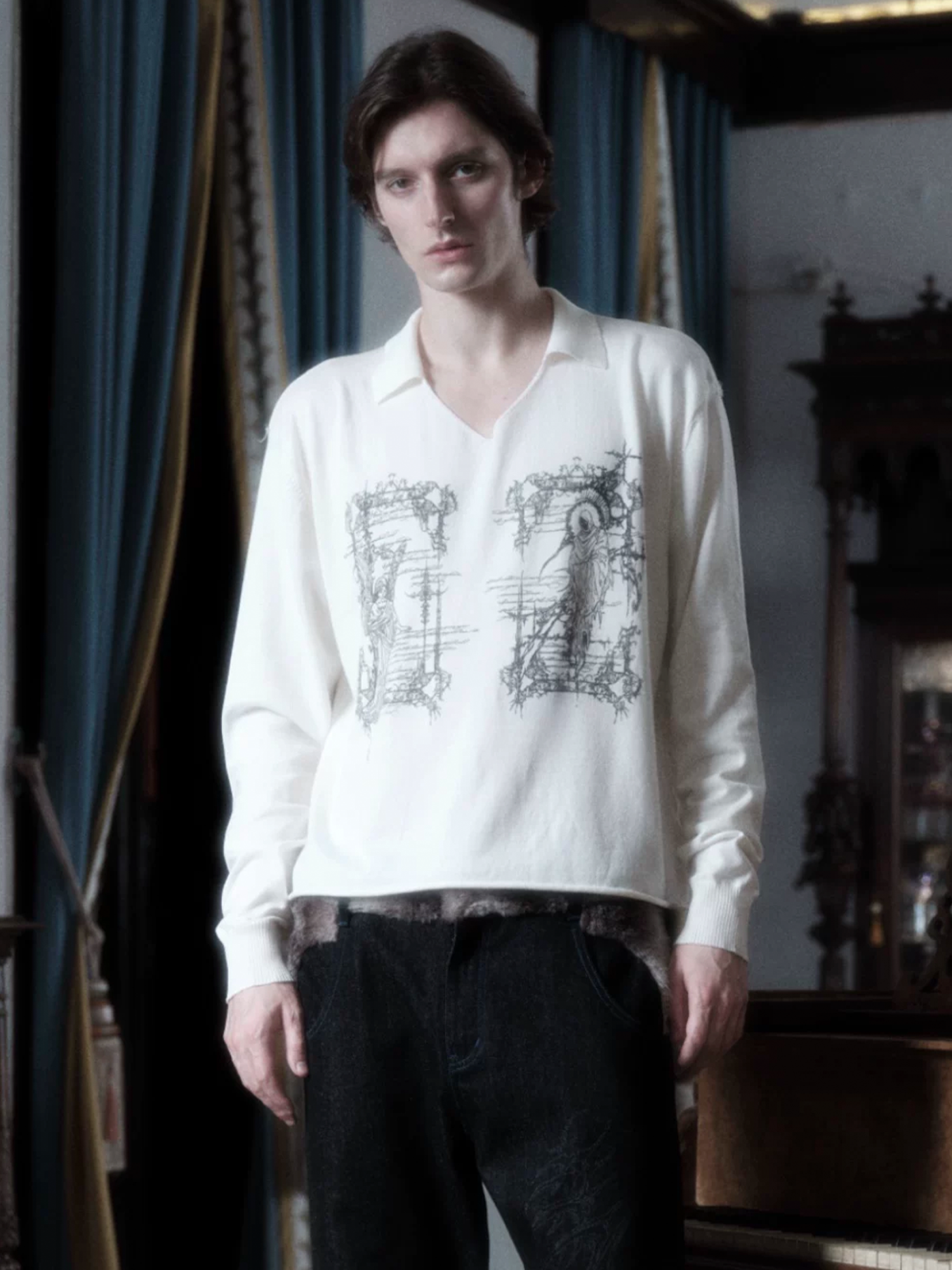 WANNA LAB Rune Graphic Long-Sleeve Polo Tee
