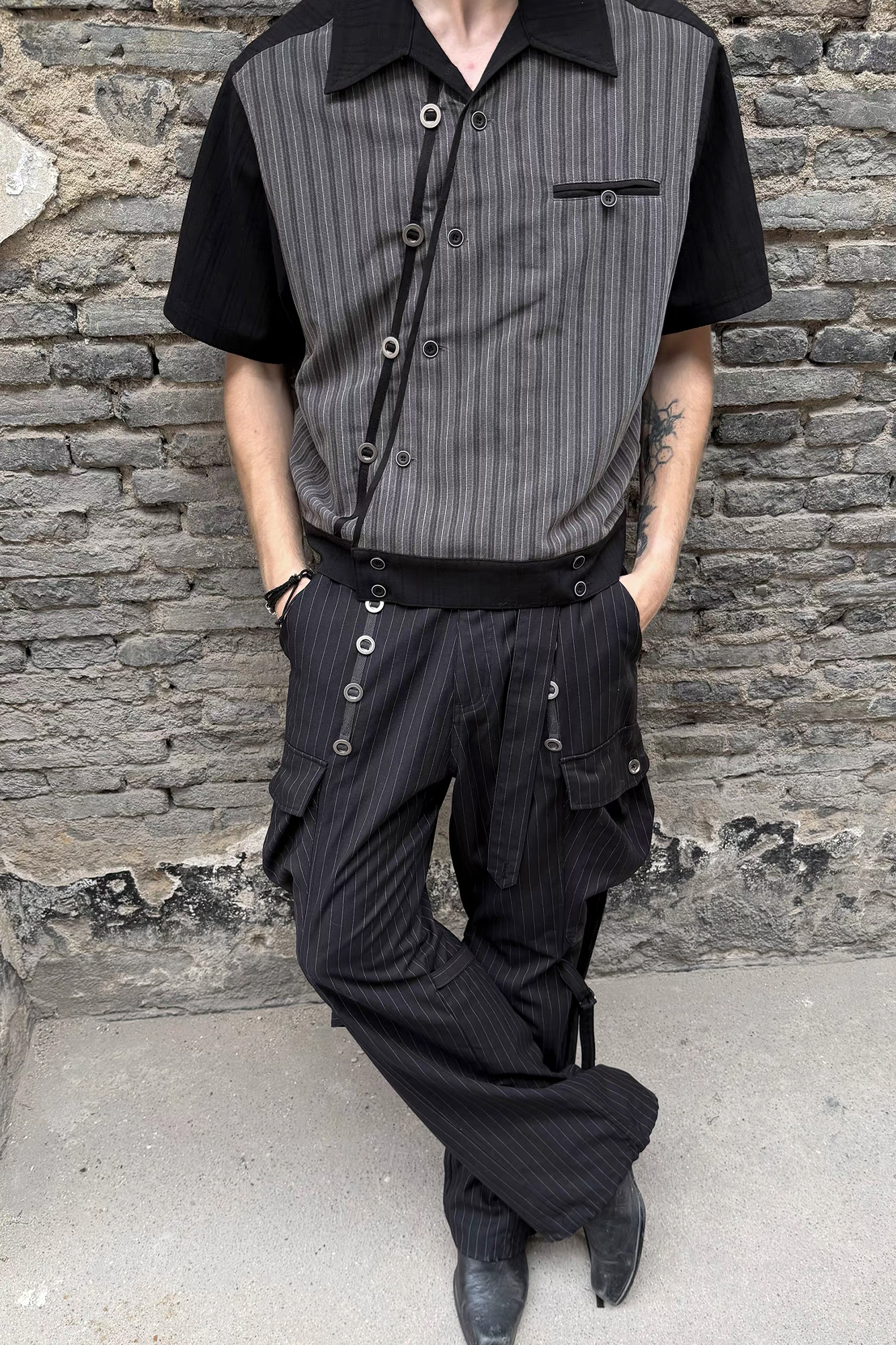 ESAIAS Jacquard Pinstripe Asymmetrical Paneled Half Shirt