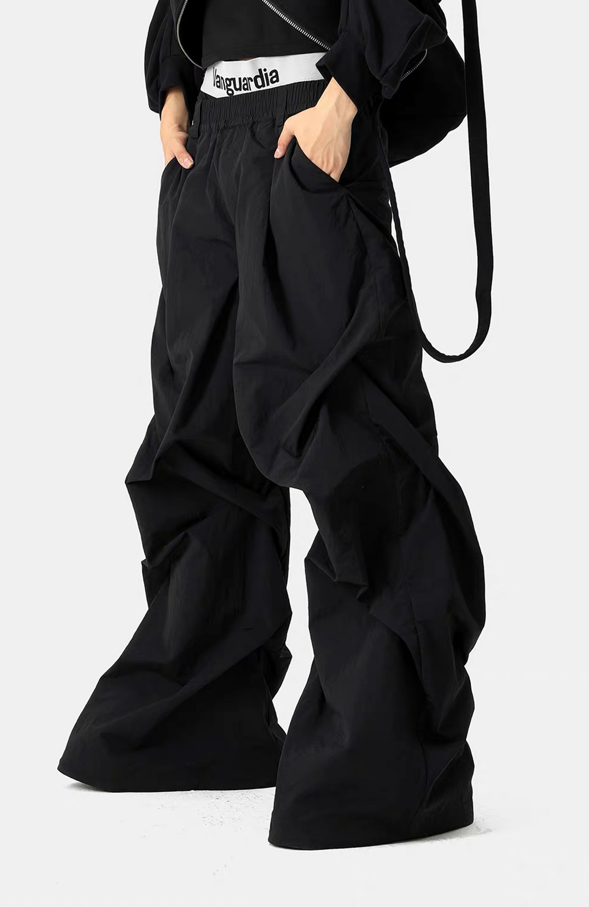 VANGUARDIA Crinkled Wide-Leg Nylon Flared Cargo Pants